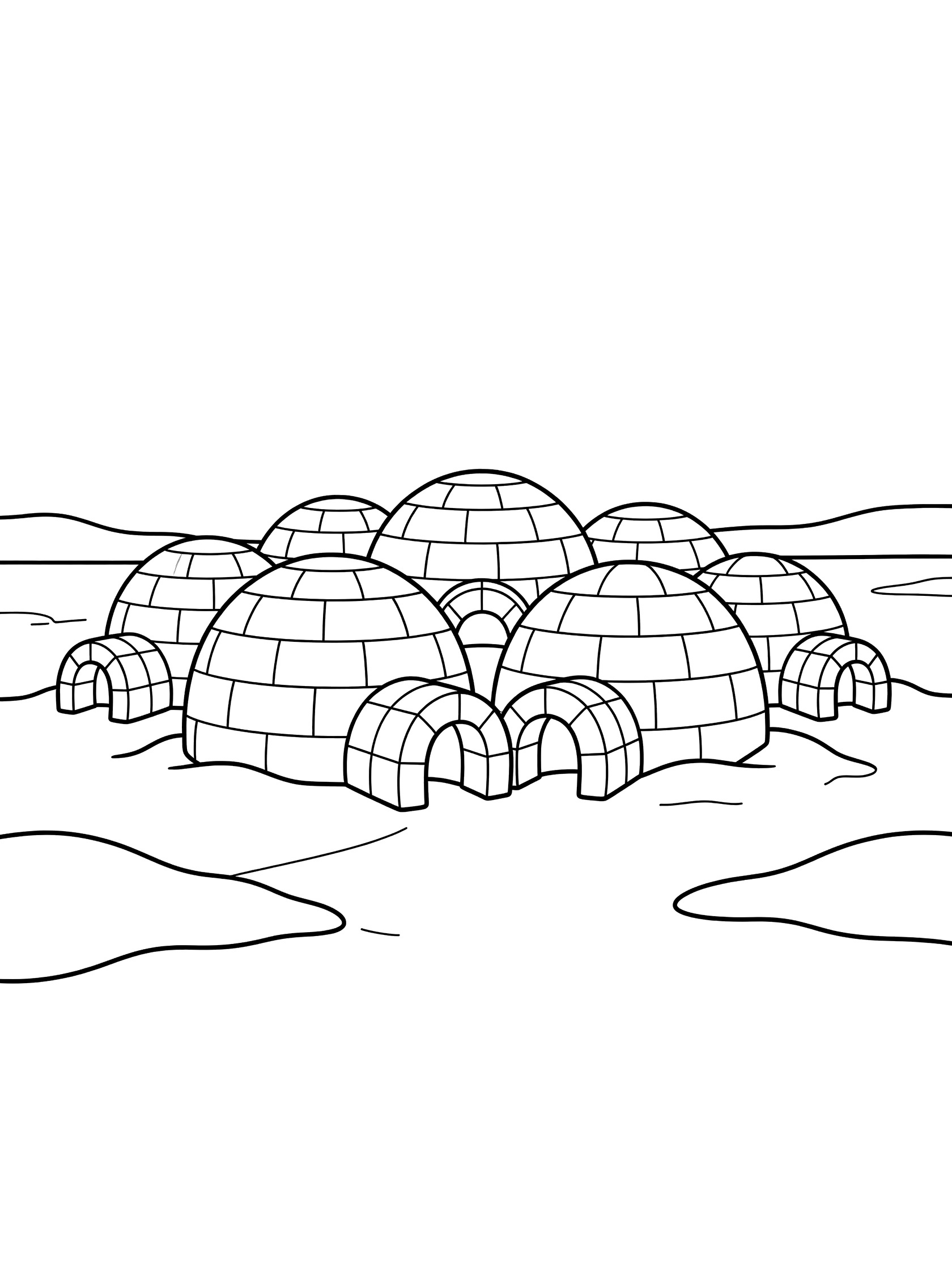 Black and white coloring page of several igloos huddled together on flat icy ground with snow drifts, dome tops and entry tunnels outlined. North Pole themed black and white printable line art