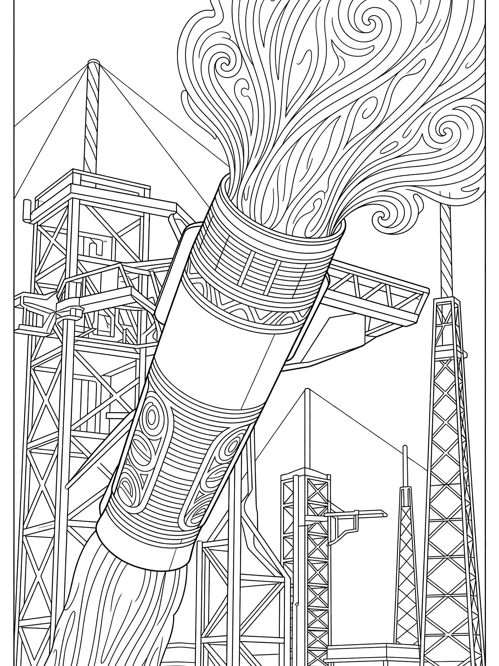 Detailed coloring page of a sleek engine nozzle with swirling exhaust emerging from the bell mouth, surrounded by launch gantry towers and structures during countdown.
