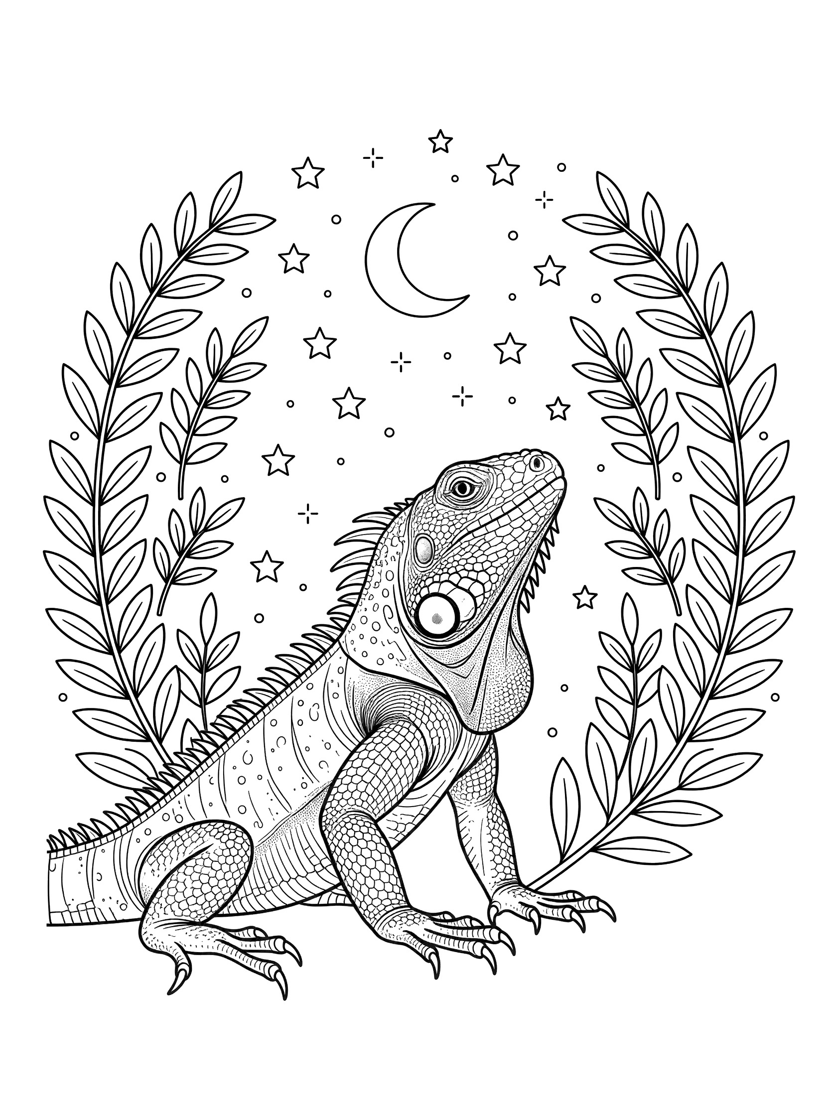 Black and white line art coloring page showing an iguana lizard with spiky back gazing at a crescent moon and stars surrounded by leafy branches.