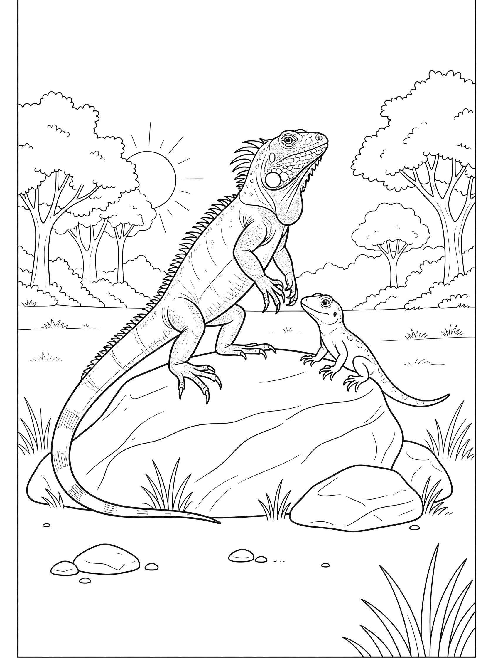 Black and white line art coloring page of a large iguana standing proudly on a rock next to a small baby iguana, with sun, trees, grass, and bushes in a clearing.
