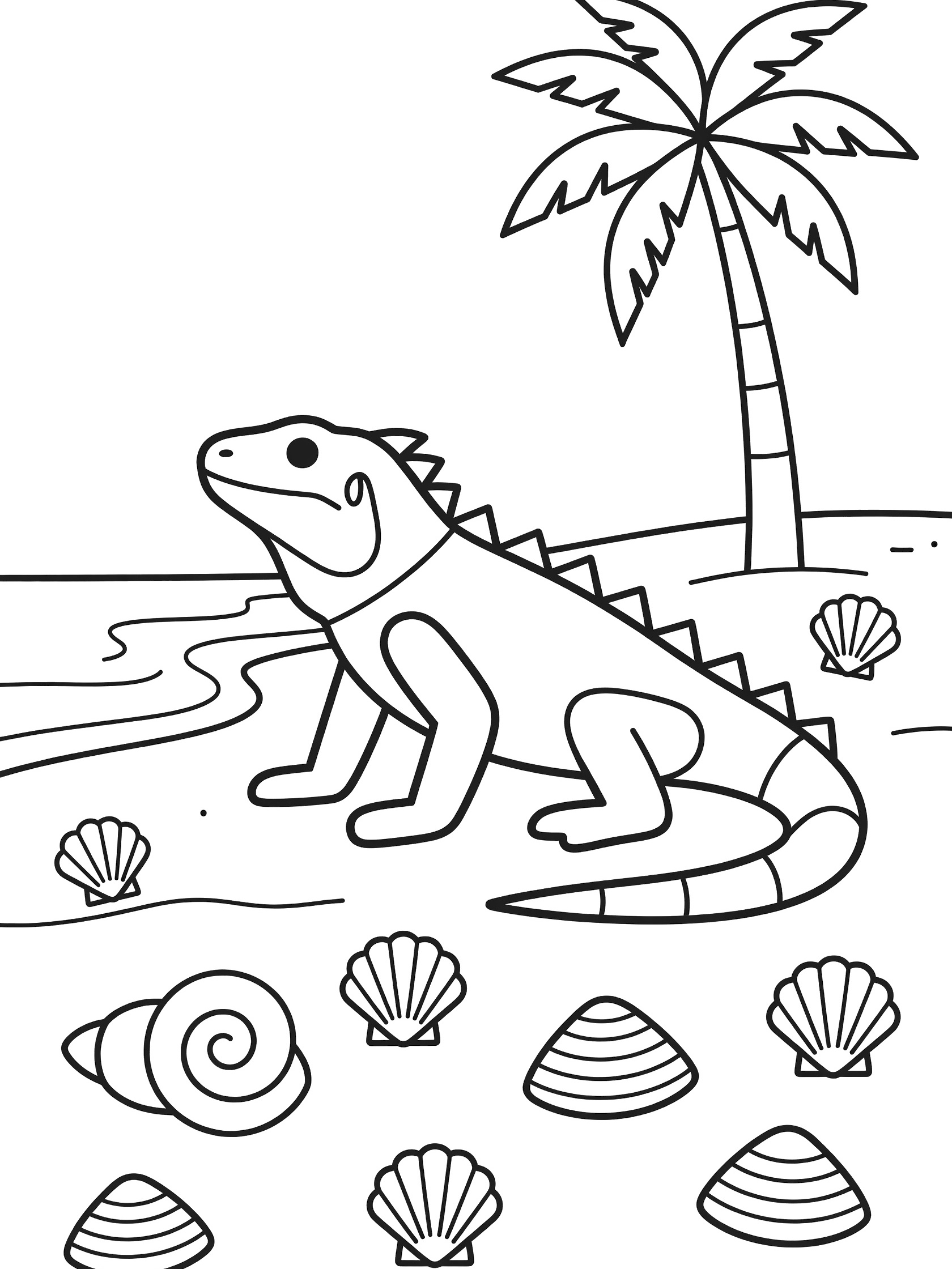Black and white line art coloring page showing an iguana on a beach with palm tree and seashells