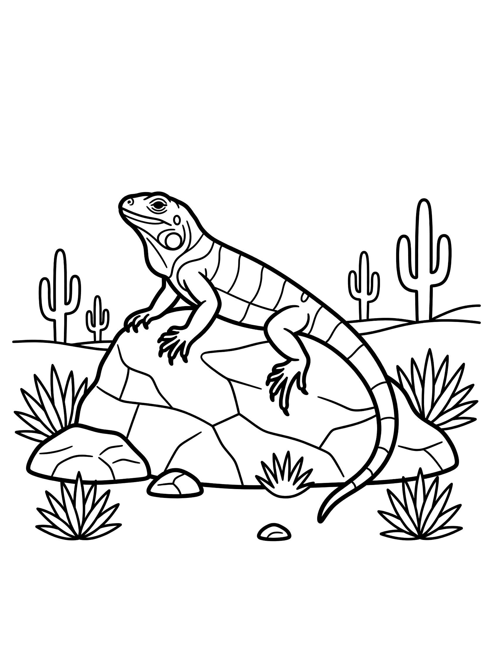 Black and white line art coloring page showing an iguana lizard on a big rock surrounded by cactus and desert plants
