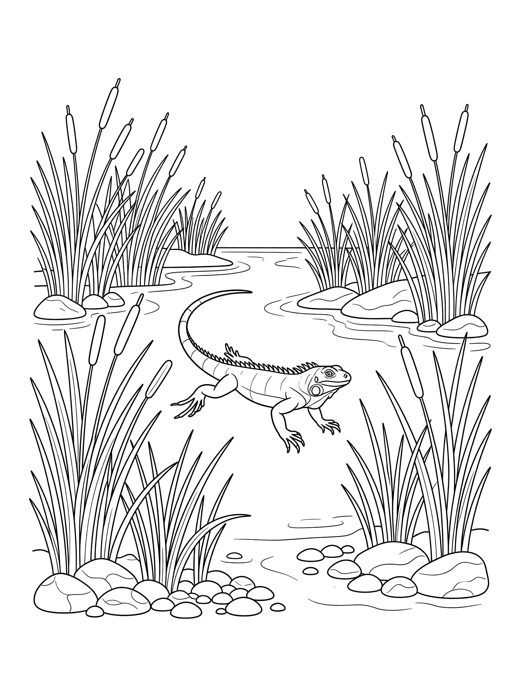 Black and white line art coloring page showing an iguana swimming gracefully through water surrounded by tall reeds and river pebbles.