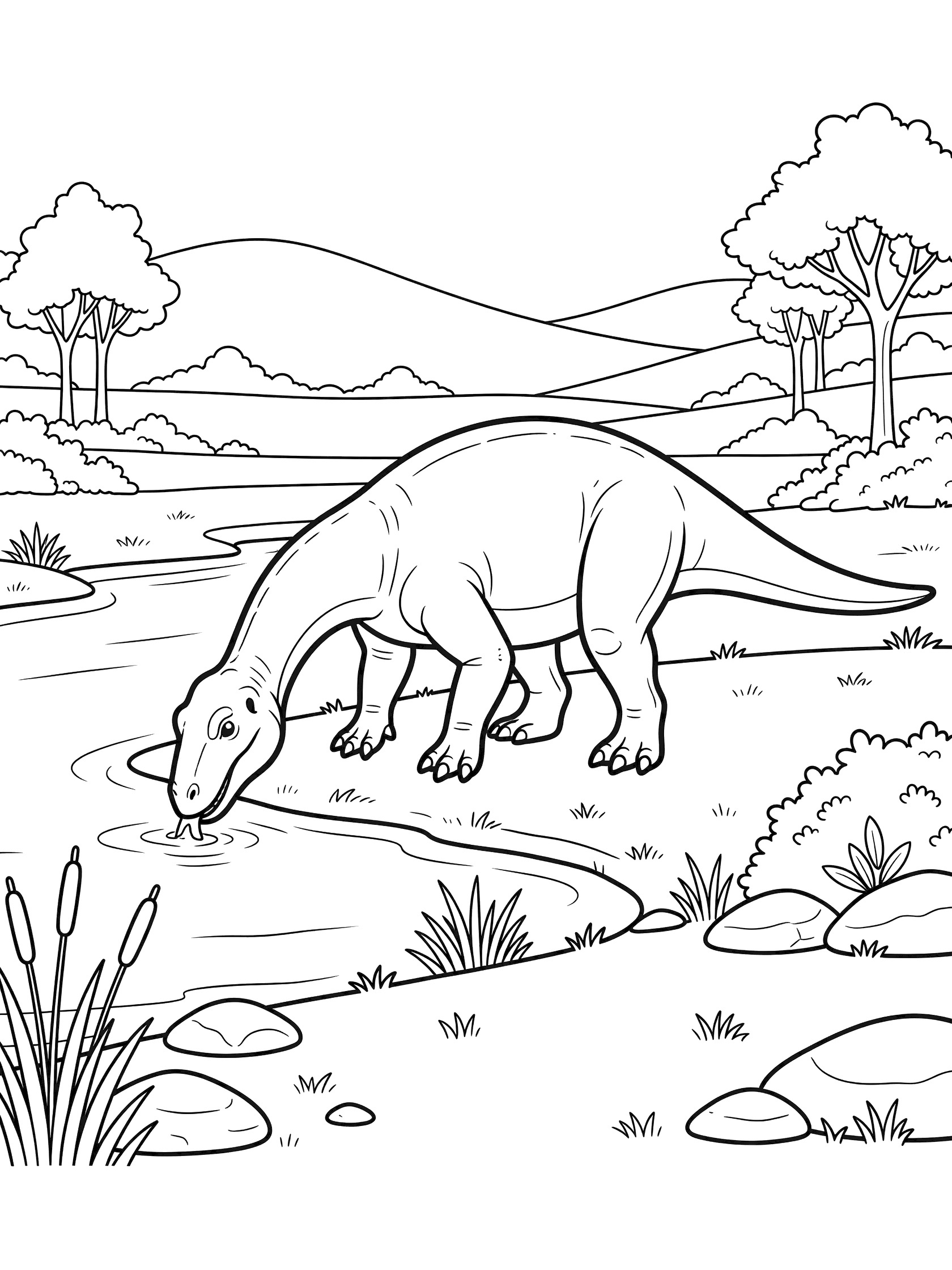 Line art coloring page showing an Iguanodon dinosaur with long neck bent down drinking water at a river edge, surrounded by reeds, rocks, bushes, grassy shore, distant hills and trees.