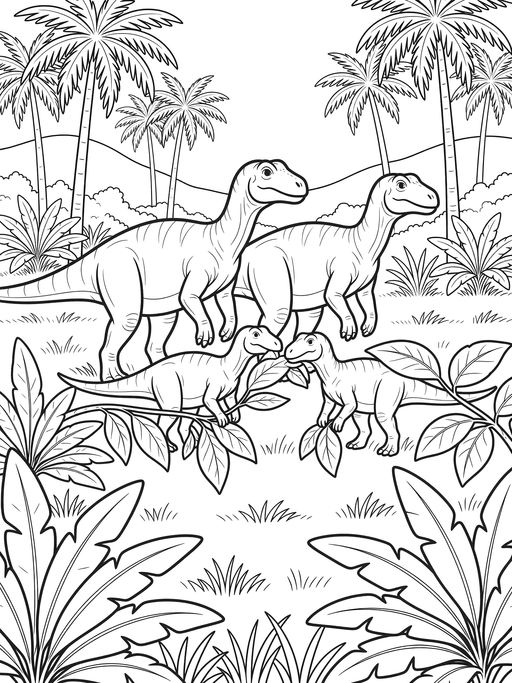 Black and white line art coloring page showing two adult Iguanodon dinosaurs walking with two baby Iguanodons eating leaves amid ferns and tall palm trees in a lush meadow.