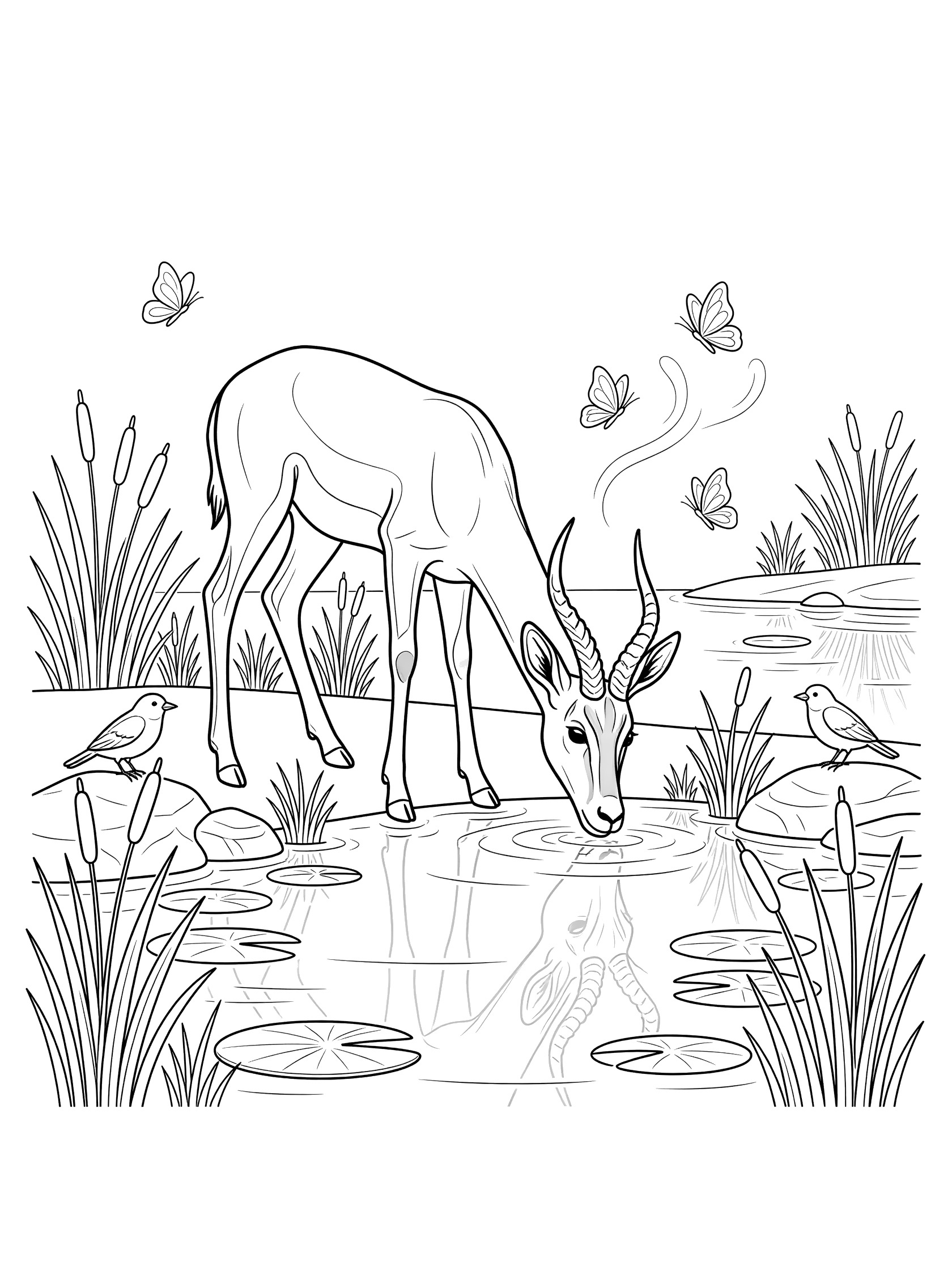 Black and white line art coloring page showing an impala antelope bending to drink from a pond, with its reflection, reeds, lily pads, small birds on rocks, and butterflies flying nearby.