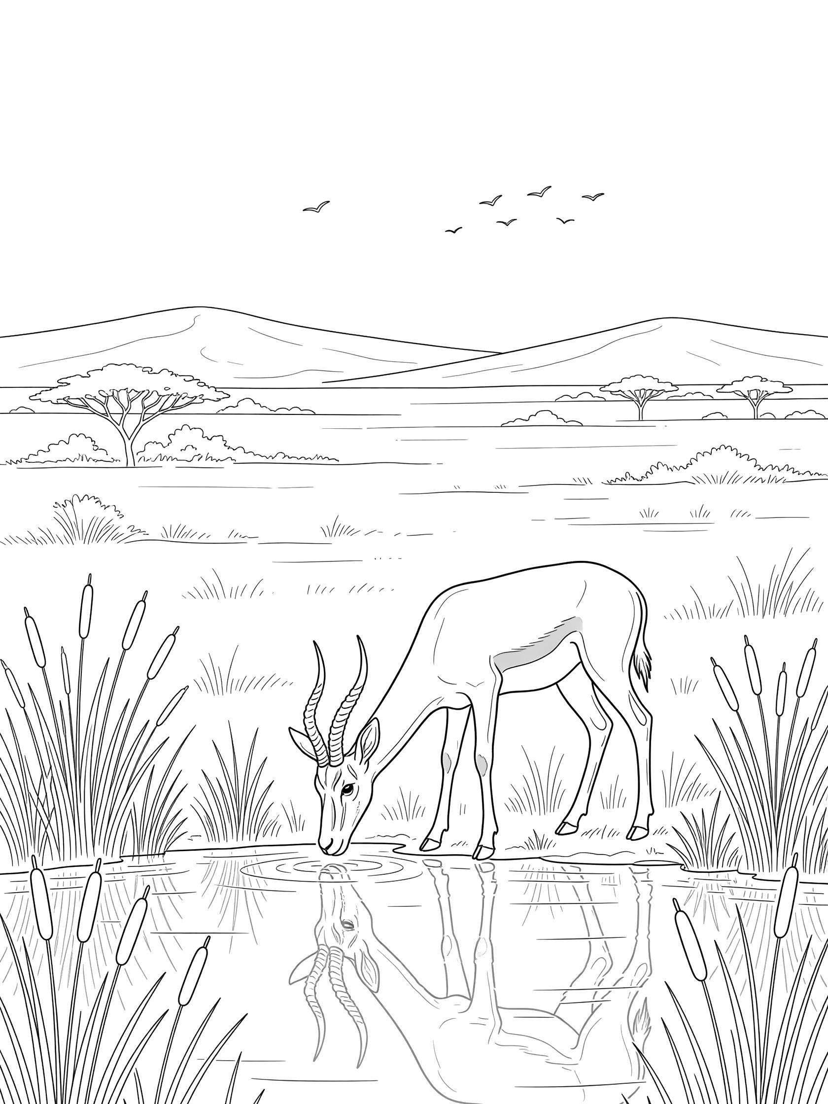 Black and white line art coloring page showing an impala antelope bending to drink from a pond with reeds, water reflection, flying birds, distant hills, and acacia trees in a savanna landscape. Gazelle themed black and white printable line art