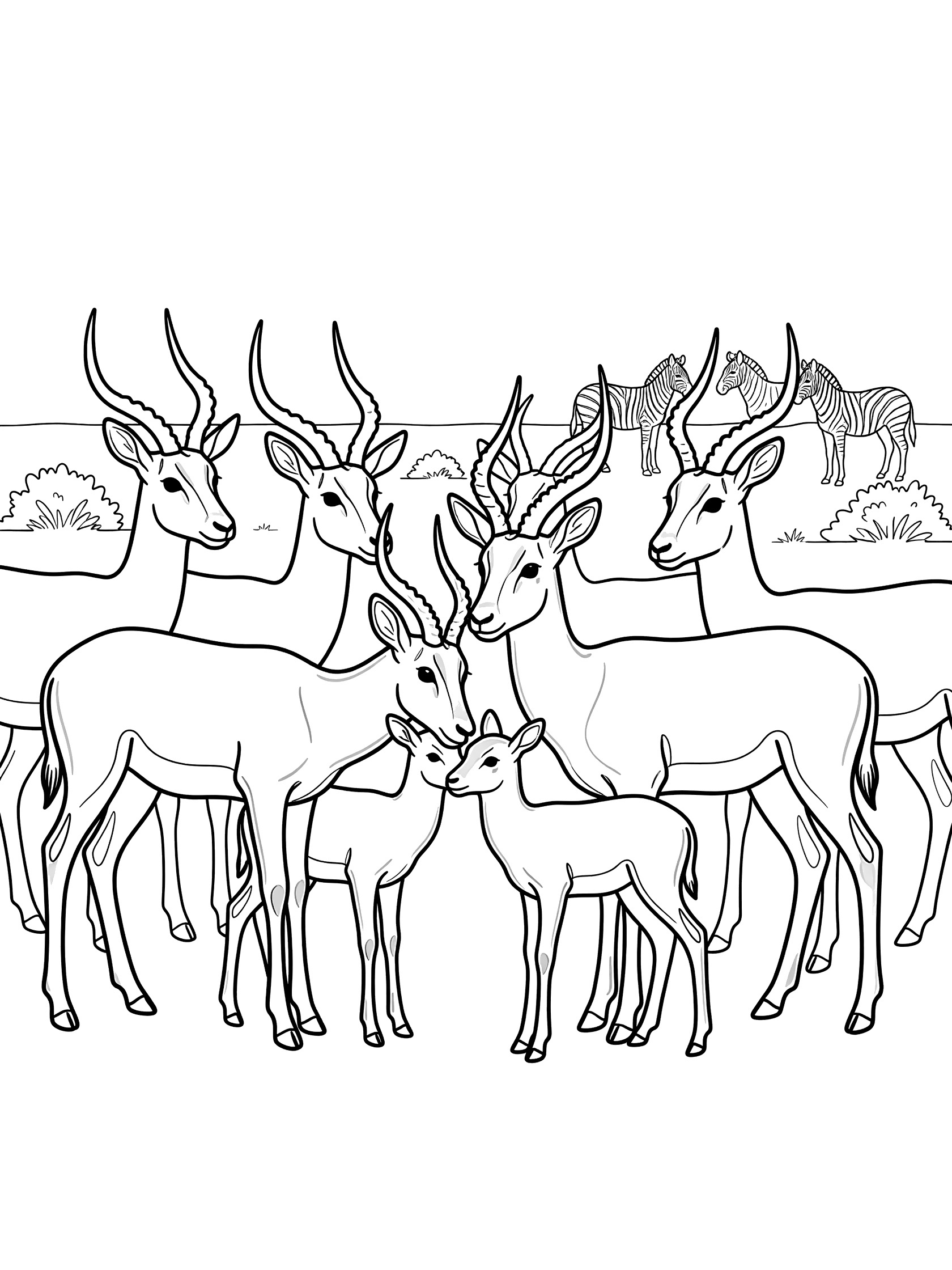 Black and white coloring page of several impala with curved horns and babies grouped closely, distant zebras, and sparse bushes on white background.