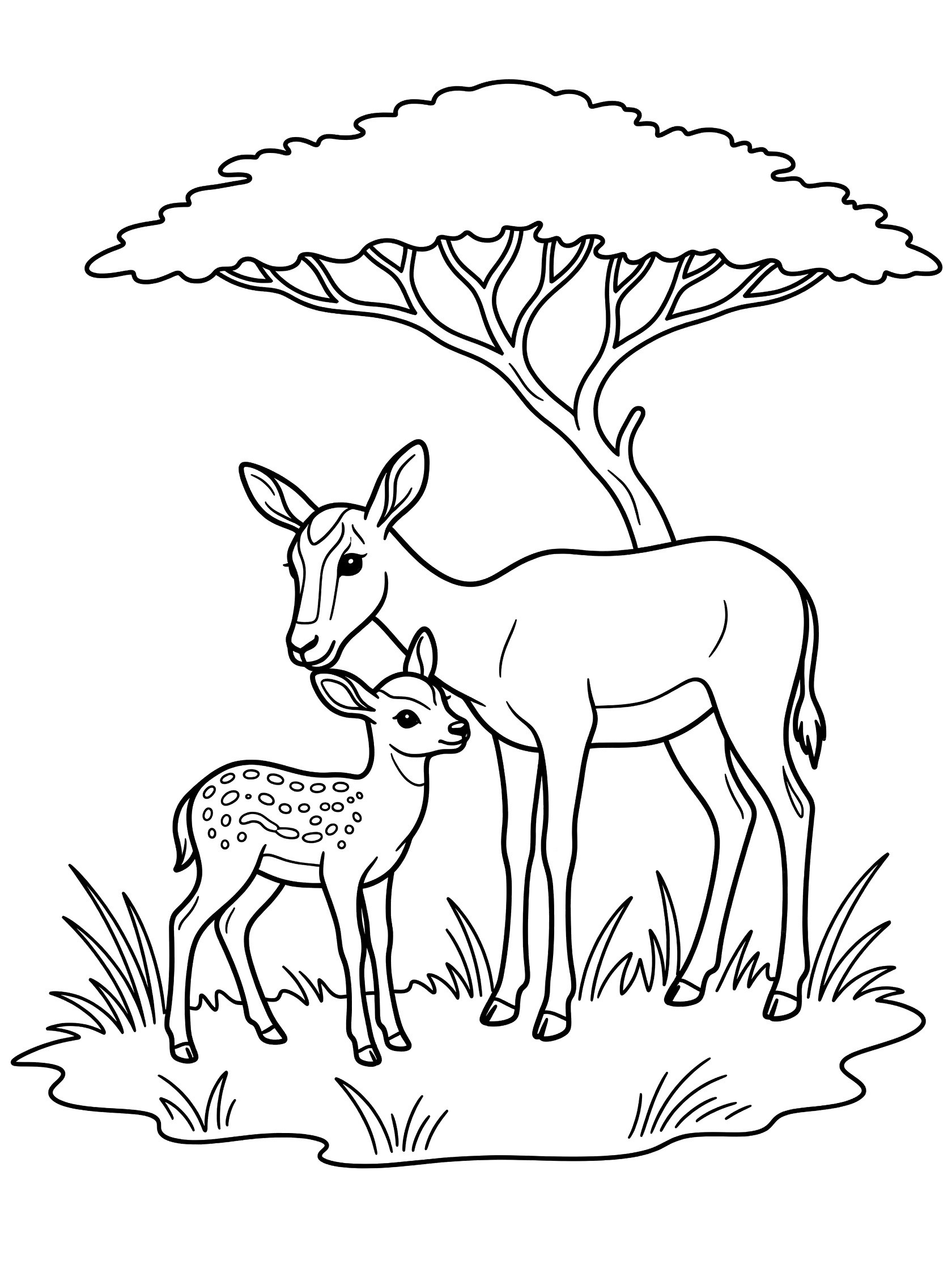 Black and white coloring page of an adult impala with large ears nuzzling a small spotted baby impala under a wide acacia tree with grass. Gazelle themed black and white printable line art