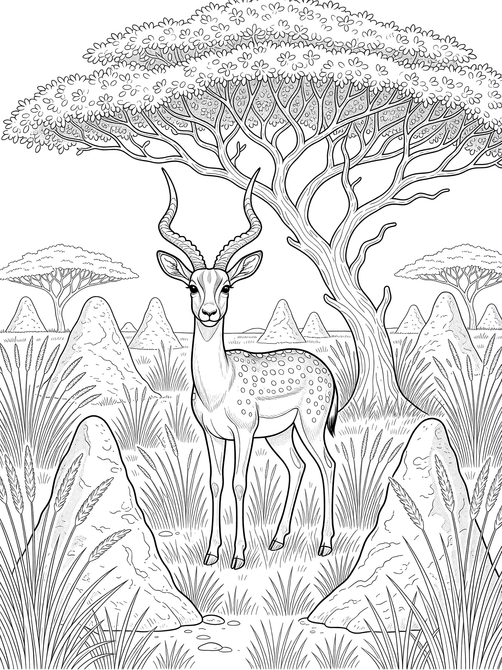 Black and white line art coloring page of an impala with curved horns under a spreading acacia tree, surrounded by grasses, rocks, and distant trees.