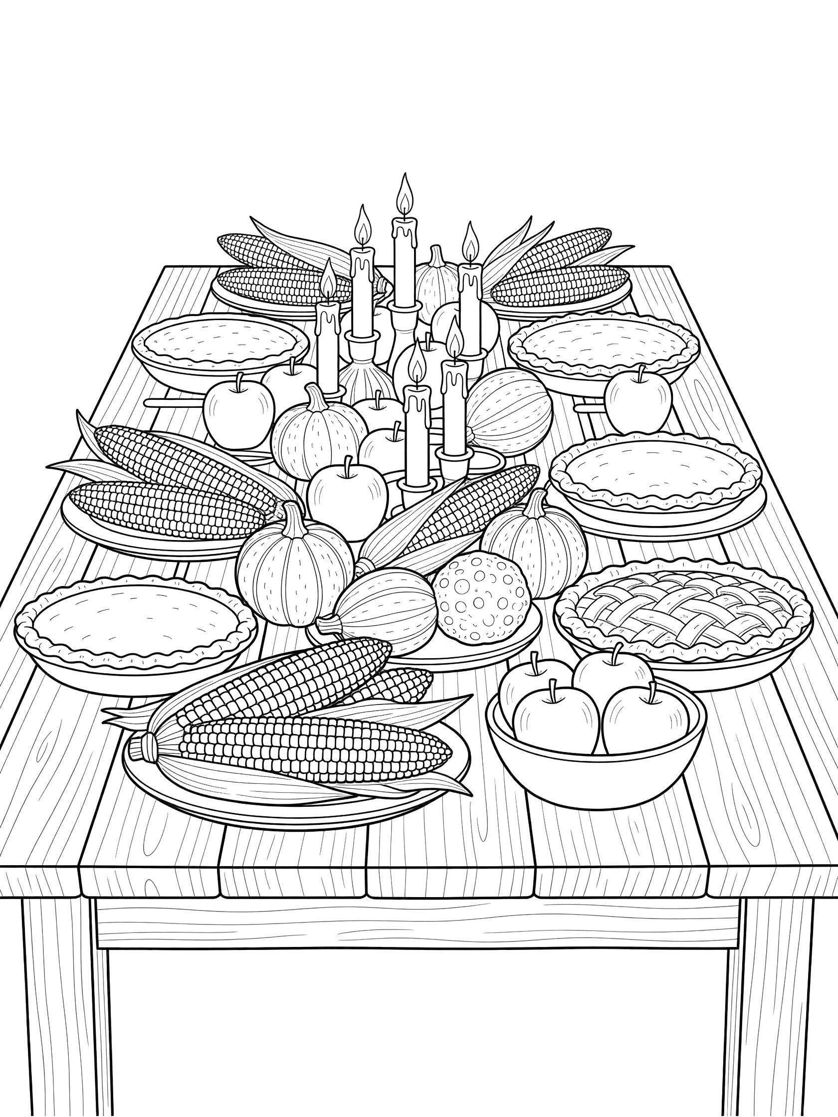 Black-and-white line art of a wooden Thanksgiving table with Indian corn, pumpkins, apples, pies, and candle centerpiece.