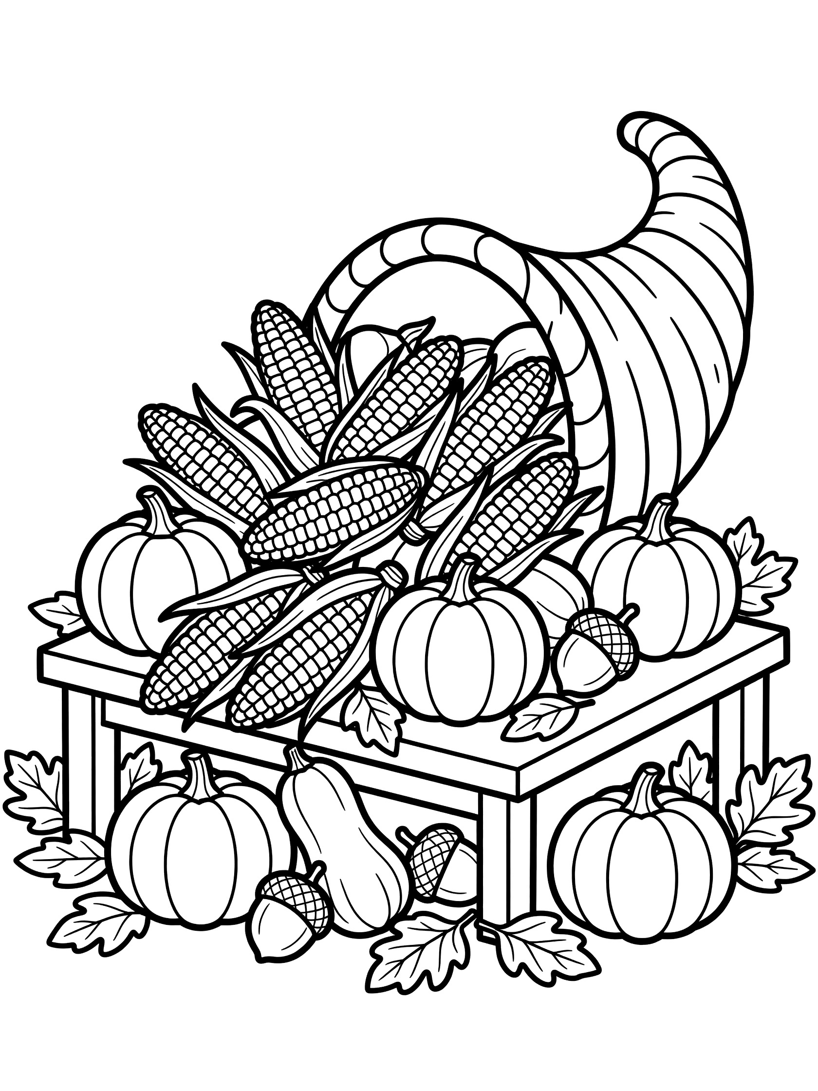 Black and white line art coloring page of multicolored Indian corn ears overflowing from a cornucopia horn with pumpkins, squash, acorns, and fallen autumn leaves on a table.