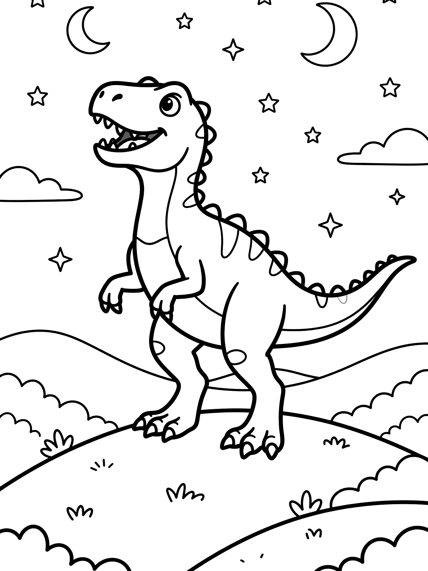 Line art coloring page showing an Indominus Rex with spikes on its back, standing on hind legs on a hill, gazing at a starry sky with crescent moon and clouds.