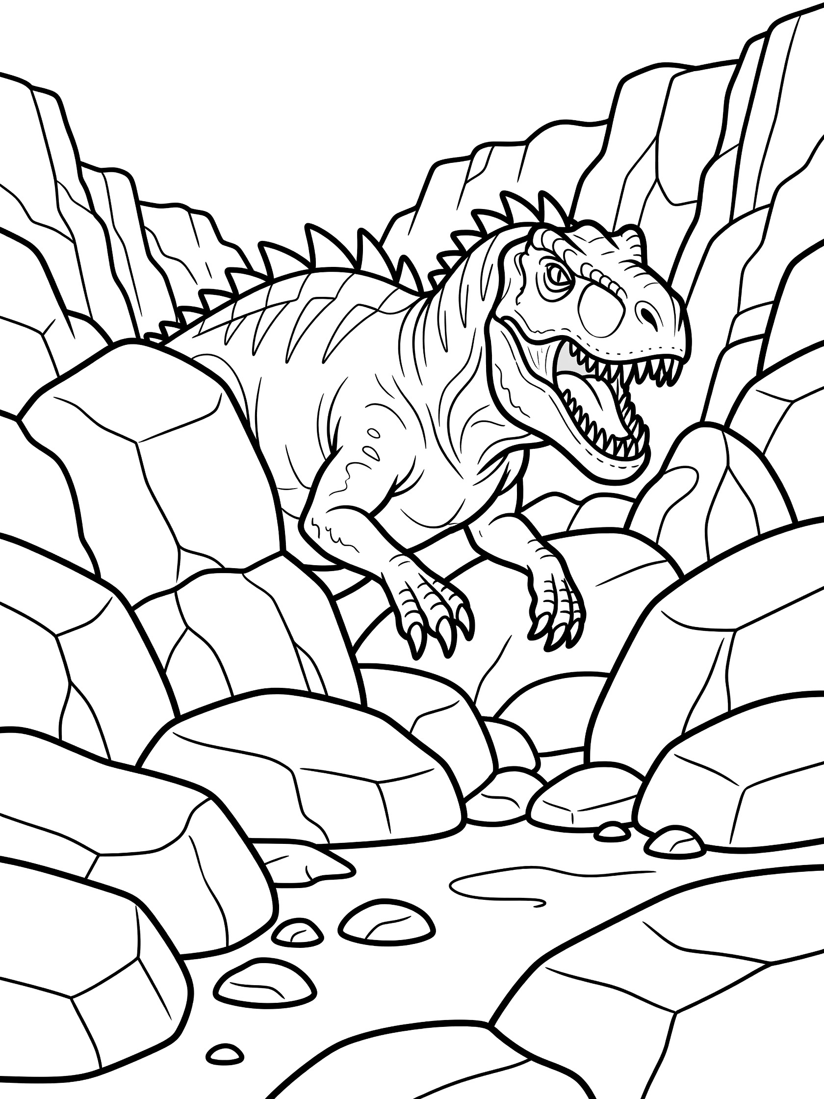 Black and white line art of Indominus Rex dinosaur with fierce head, sharp teeth, spiky back and clawed arms hiding behind rocks in a valley.
