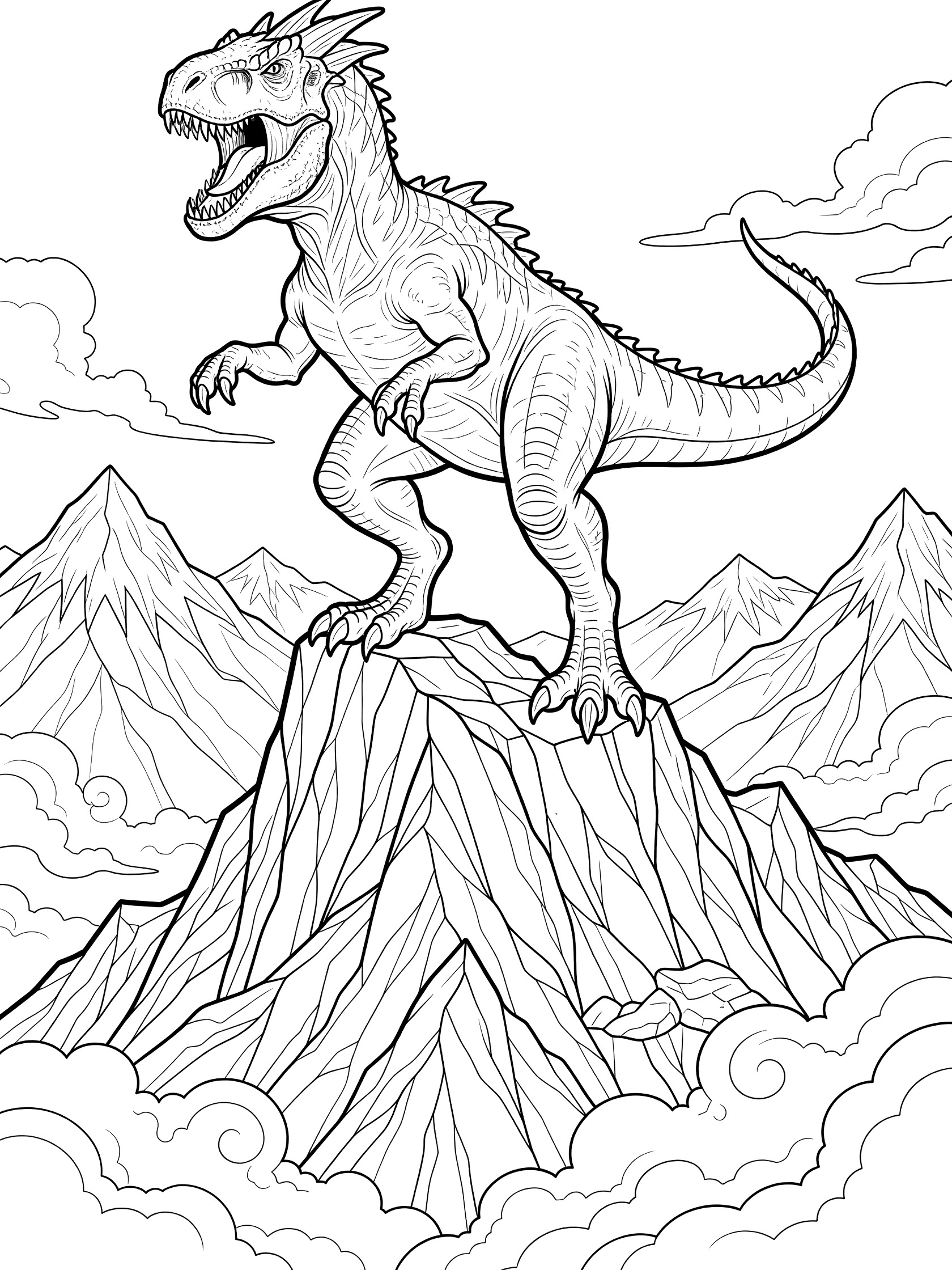 Black and white coloring page of Indominus Rex standing on a mountain peak, mouth open roaring, claws raised, with mountains and clouds in the background.