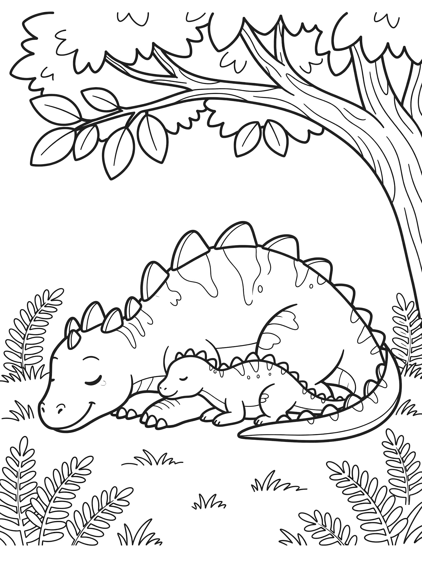 Black and white line art coloring page showing a large Indominus Rex with spikes on its back, lying down resting under a shady tree with wide branches, a small baby dinosaur sleeping against its side, surrounded by grass and ferns.