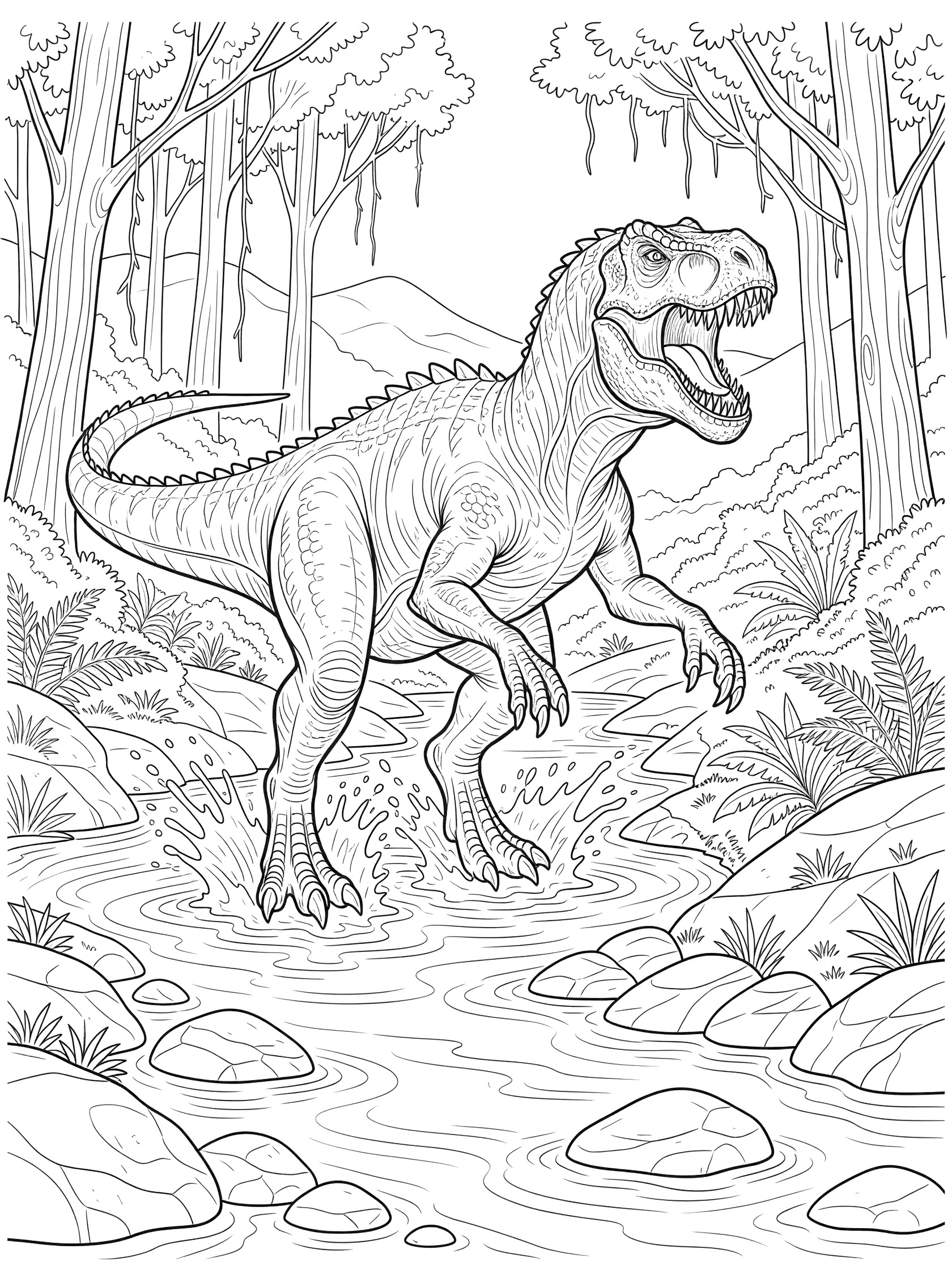 Black and white line art coloring page showing Indominus Rex dinosaur splashing through a winding river surrounded by trees, ferns, rocks, and hills.