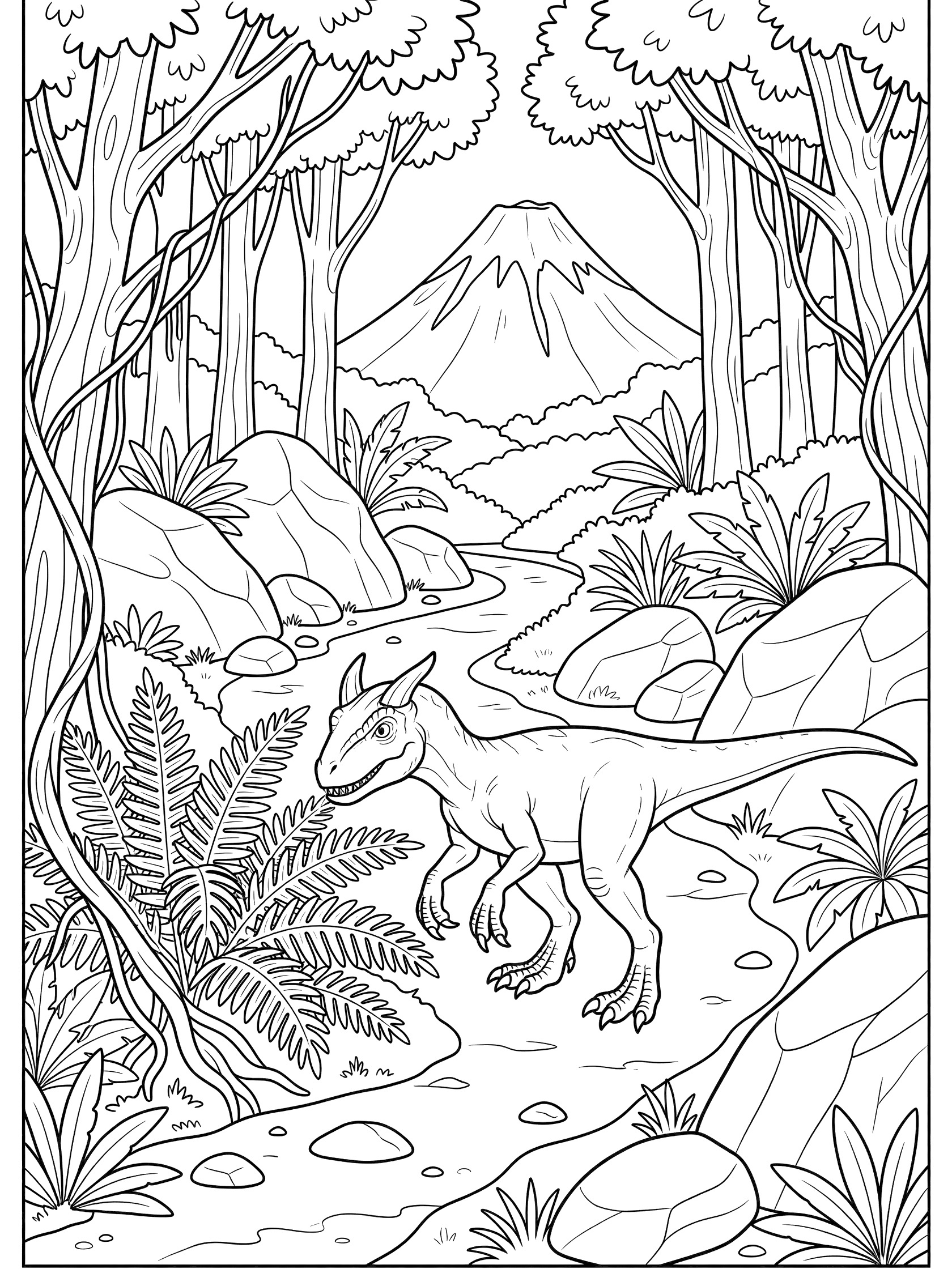 Black-and-white coloring page of a sleek Indoraptor dinosaur with horns and claws exploring a prehistoric jungle path near ferns, vines, trees, rocks, and a distant volcano.