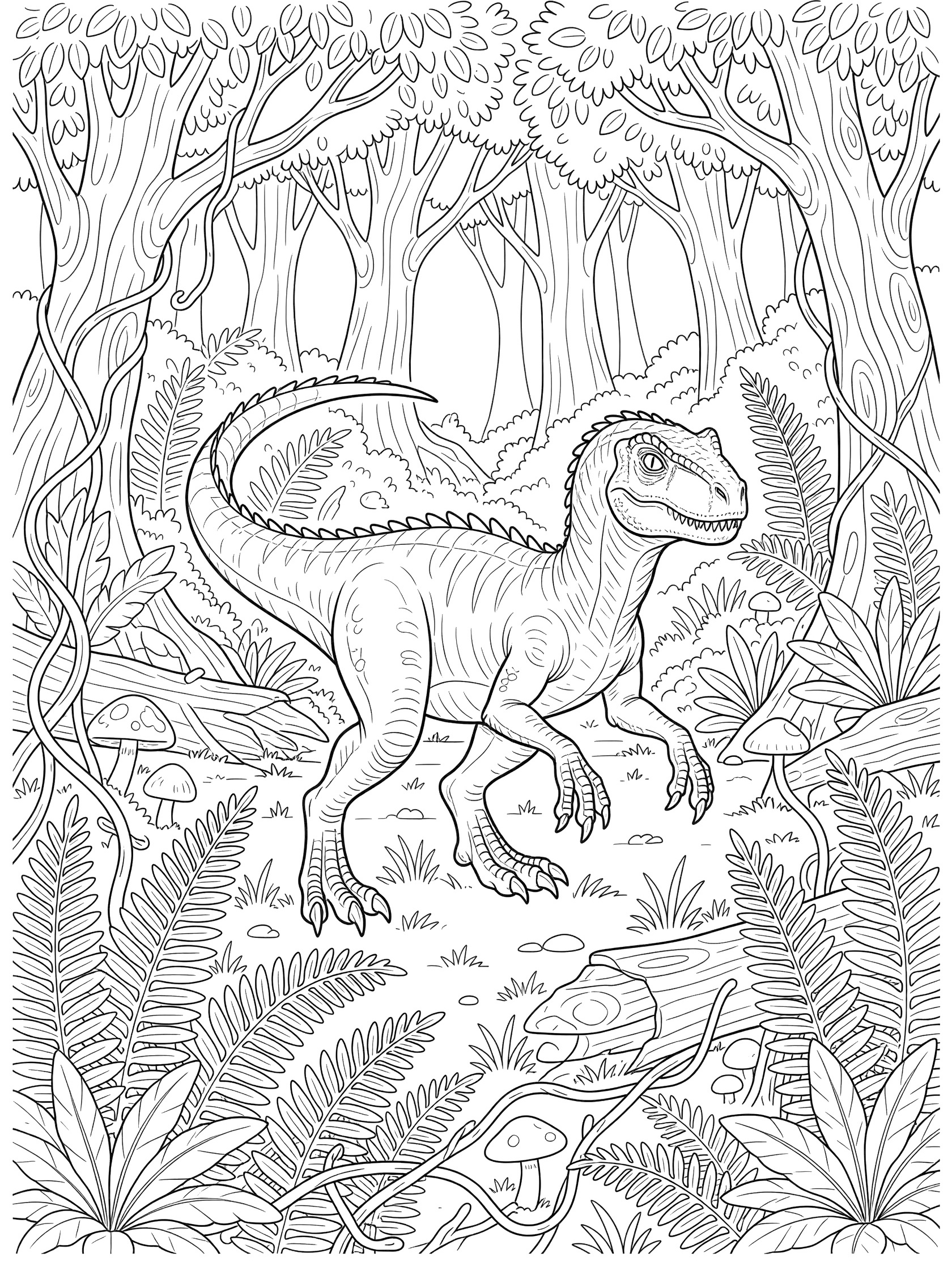 Black-and-white coloring page of an Indoraptor dinosaur walking stealthily in a prehistoric forest with ferns, mushrooms, logs, vines, and ancient trees.