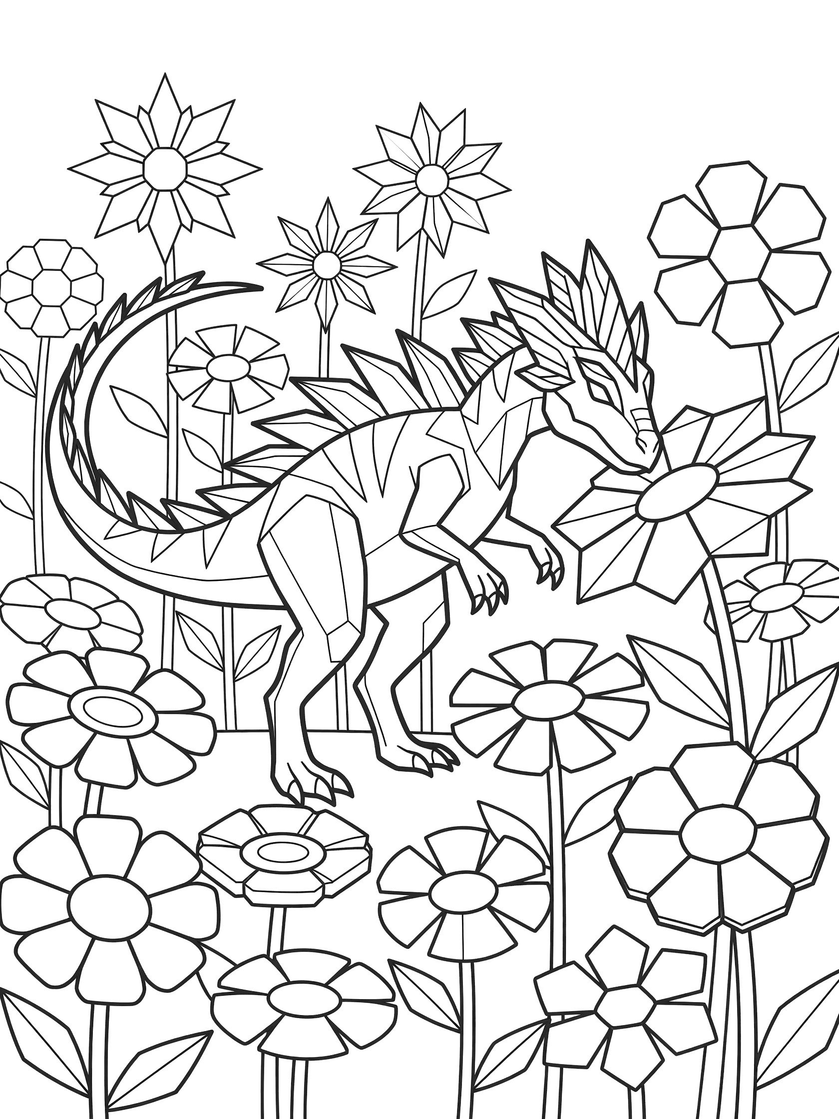 Black-and-white coloring page of a sleek Indoraptor dinosaur with quills and stripes emerging from oversized geometric flowers, nuzzling a large bloom.