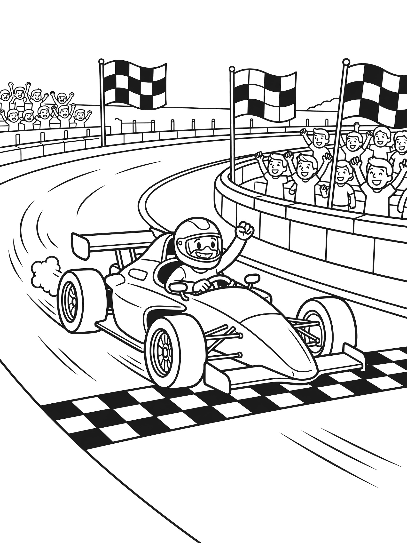 Whimsical line art coloring page showing an Indy car crossing the checkered finish line on a racetrack, driver waving excitedly, fans cheering in grandstands, and checkered flags flying.