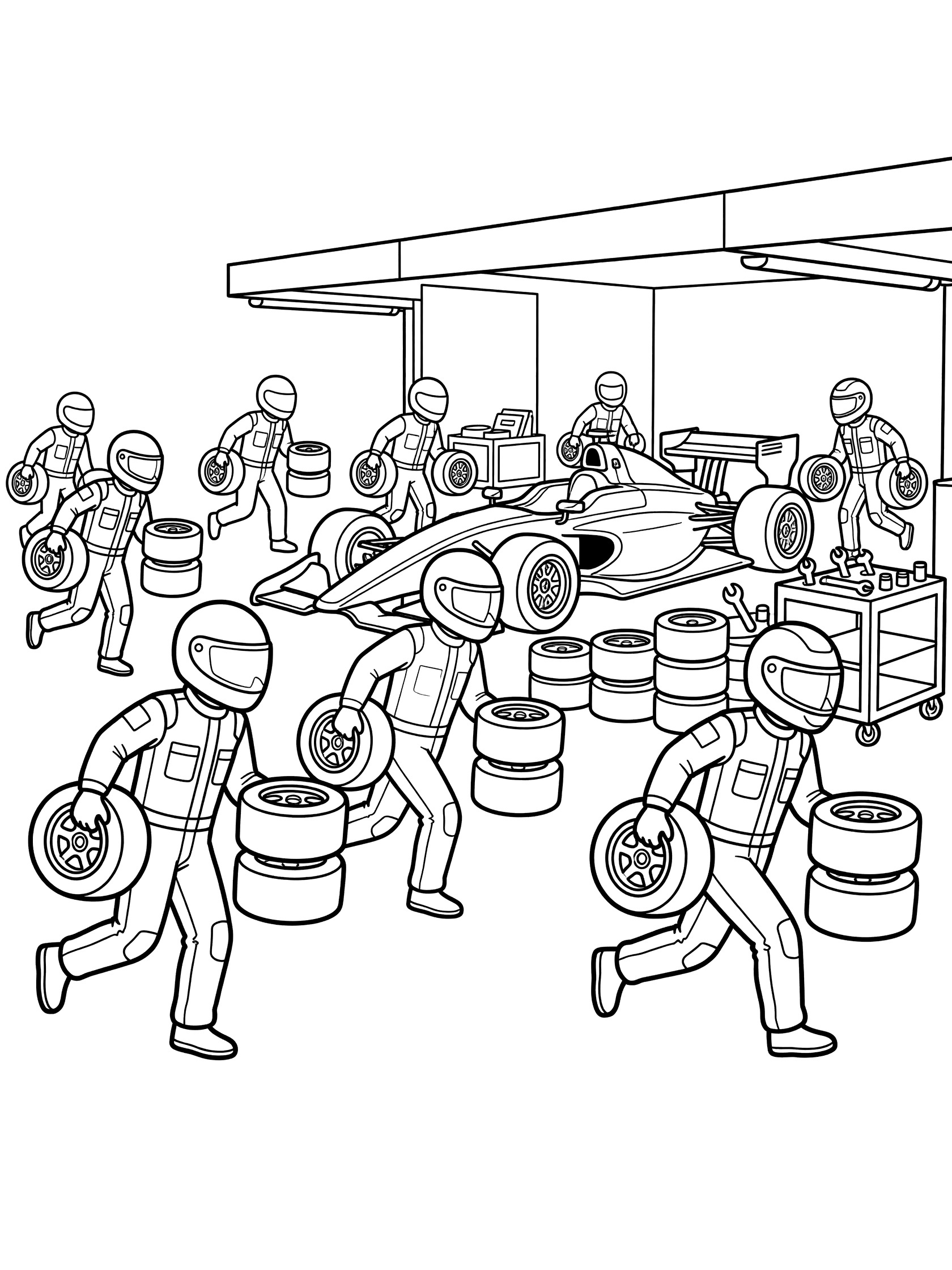 Pit crew in racing suits running with new tires towards an Indy car in the pit area, with tool carts and spare wheels nearby.