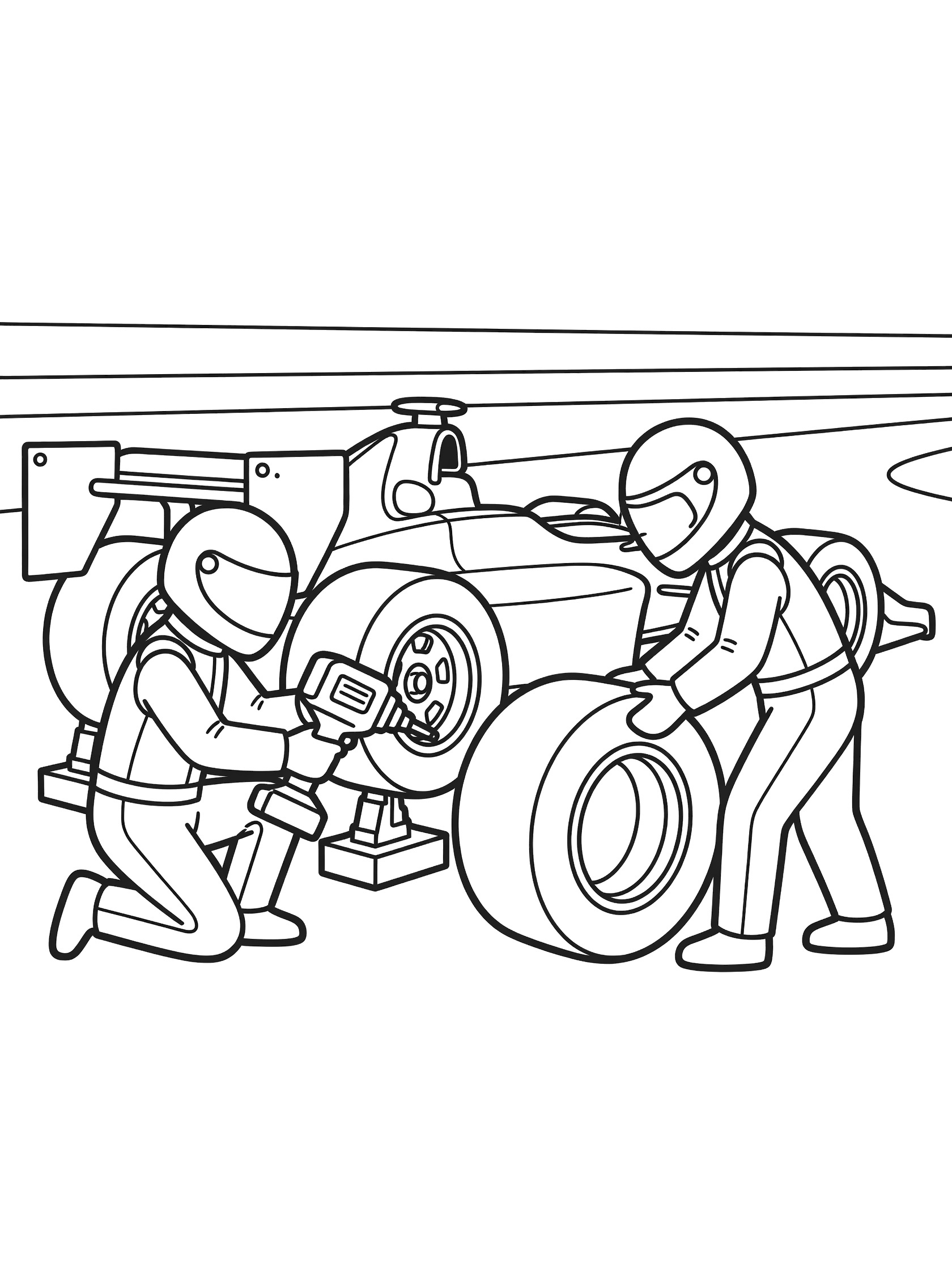 Black-and-white line art of Indy car pit crew in action, one loosening lug nuts with a power tool on the elevated race car, the other rolling a new tire into place during a pit stop.