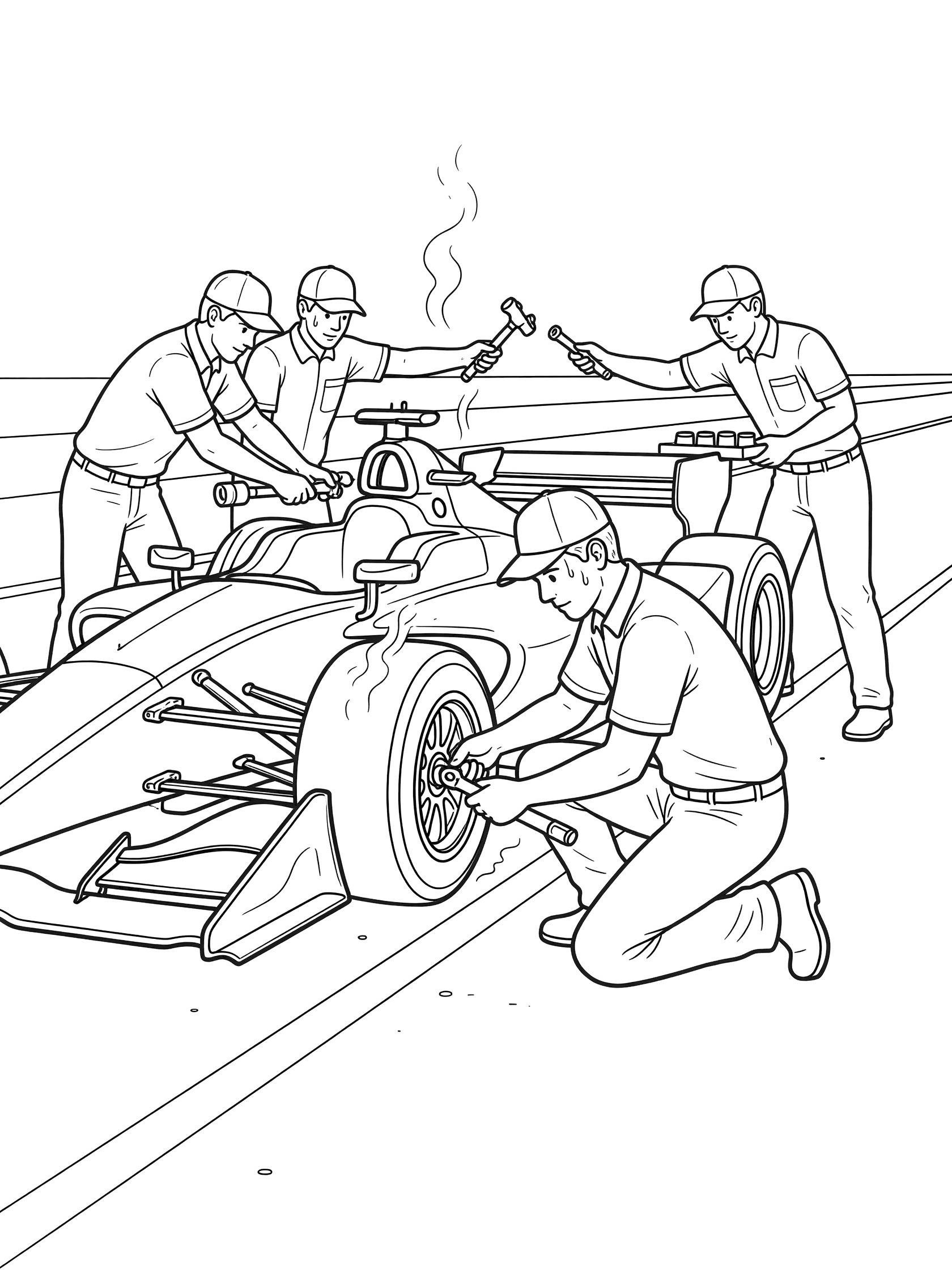 Pit crew member kneeling beside Indy race car tightening lug nuts on wheel with torque wrench as teammates hand tools, with smoke from tire change, clean line art coloring page