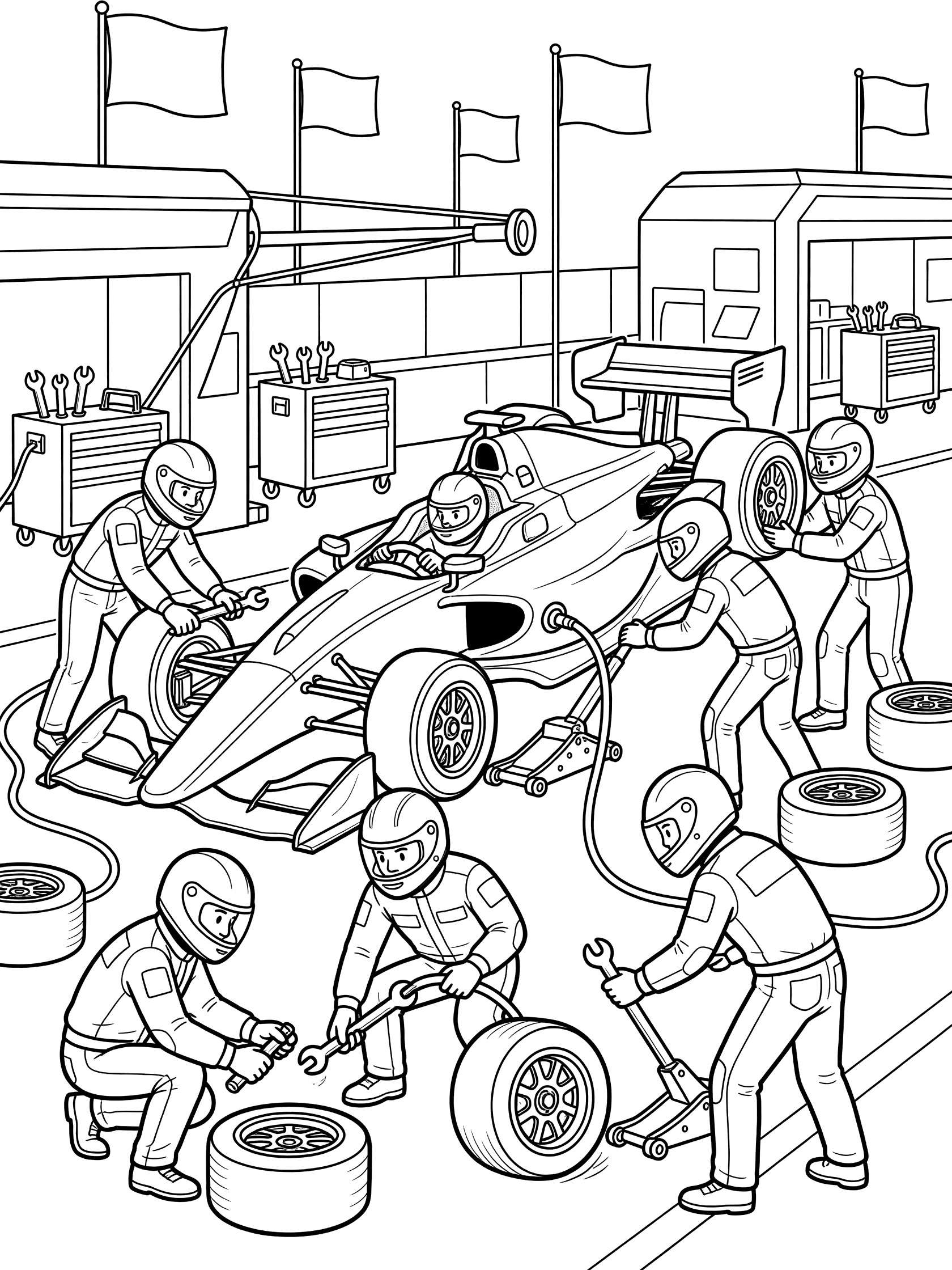 Line art coloring page showing an Indy Car elevated on a jack with pit crew swiftly changing tires, driver in cockpit, fuel hose attached, spare wheels, tool carts, and team flags.