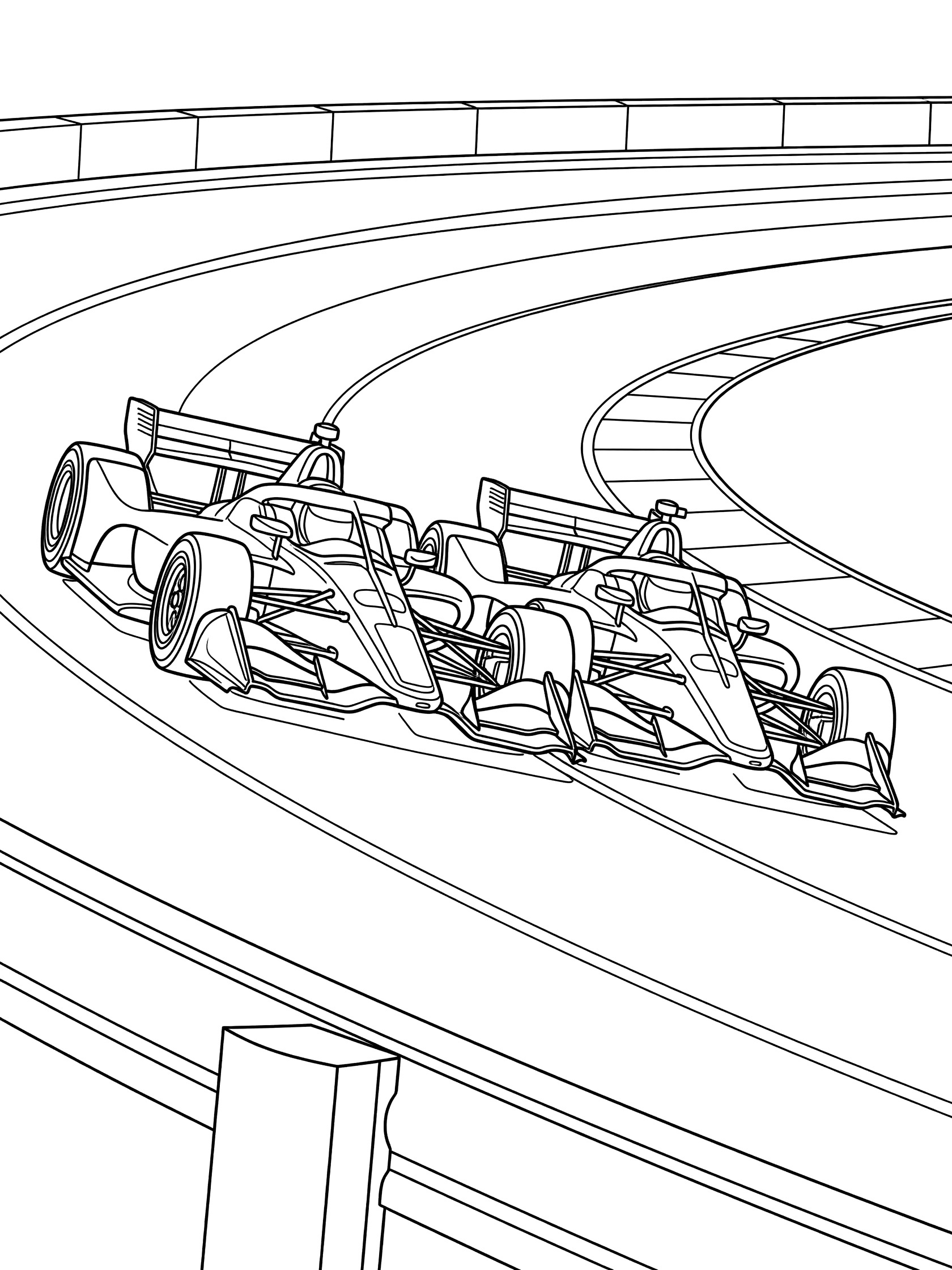 Black and white line art of two Indy race cars on a banked oval track, one overtaking the other with dynamic tilt, detailed tires and wings.