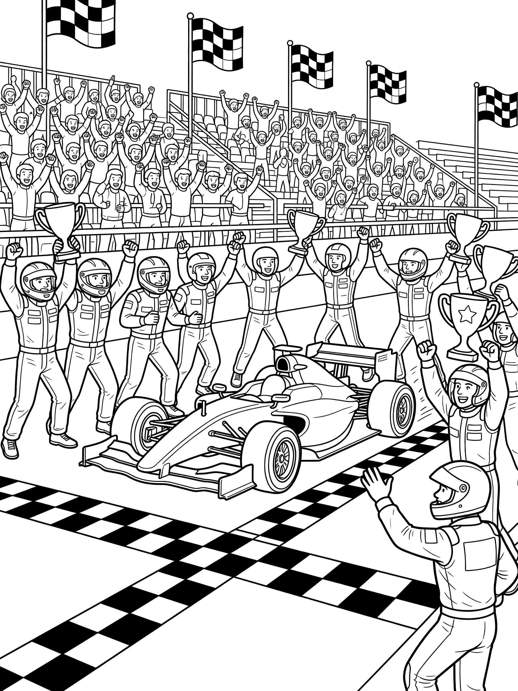 Black and white coloring page of Indy car racing over the finish line with pit crew cheering and holding trophy shapes amid grandstands and checkered flags.