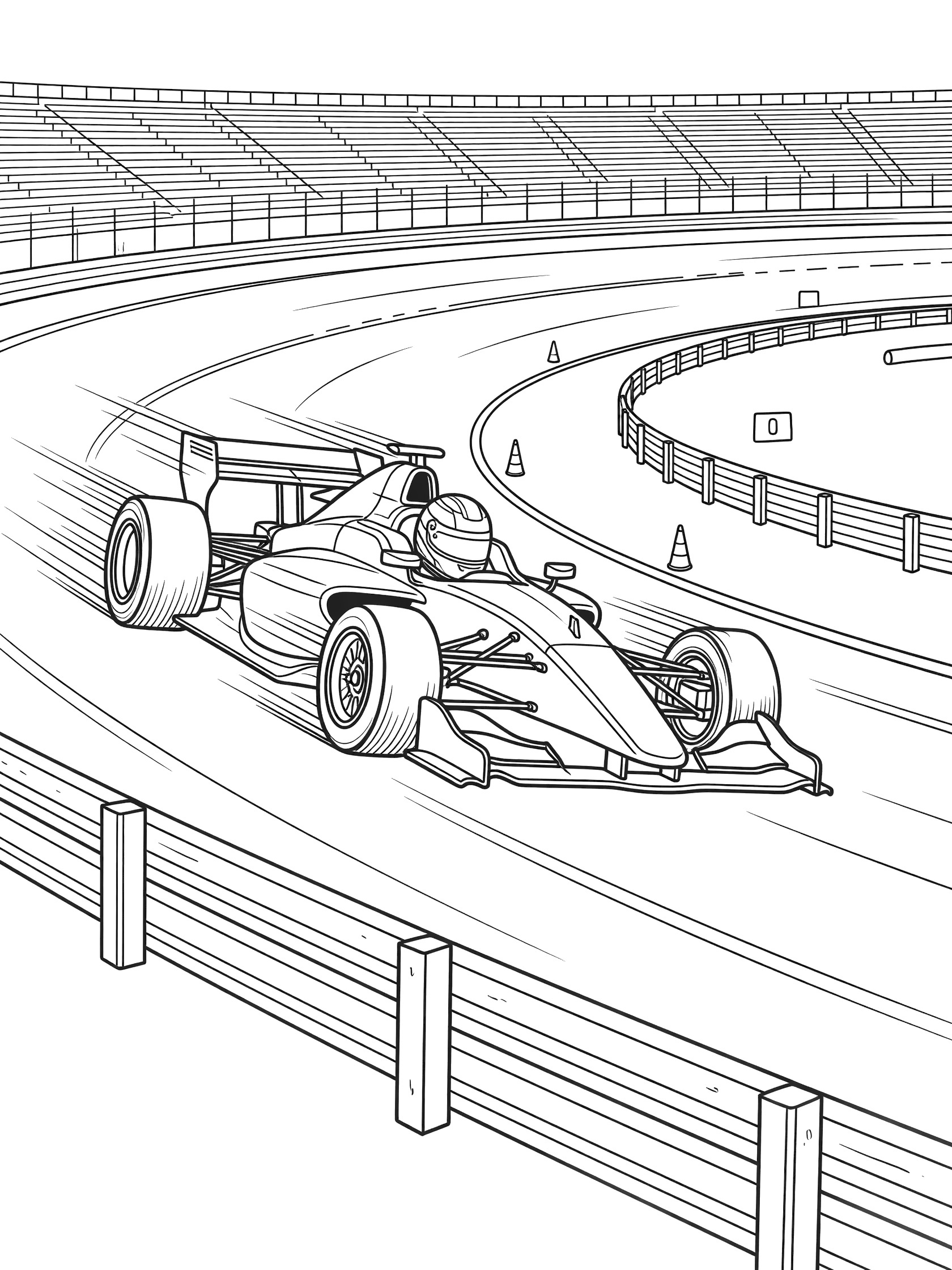 Printable coloring page of a racing helmet tilted sharply as the Indy car leans into a banked speedway turn with guardrails and blurred speed lines.