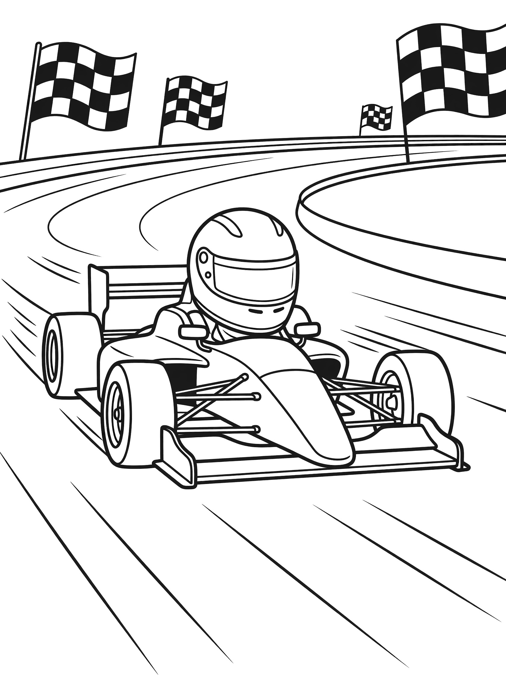 Black and white line art of a racing helmet on a driver in an Indy car racing fast down the track straightaway with checkered flags and motion lines.