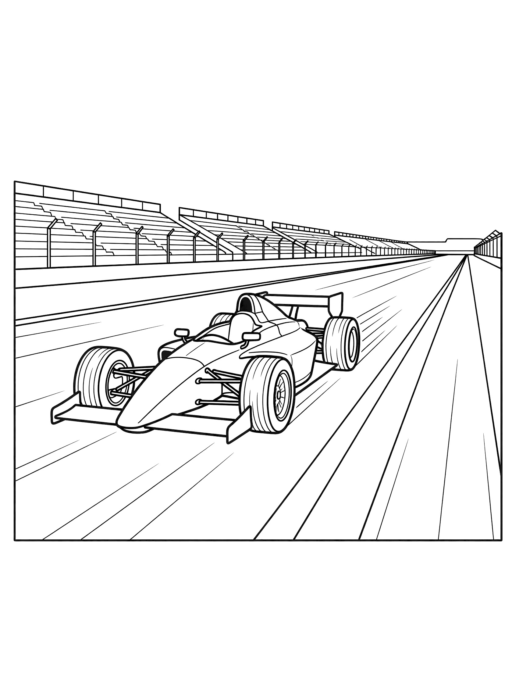 Black and white coloring page of a race car speeding down a long straightaway on an oval track with distant grandstands and wheel motion lines.