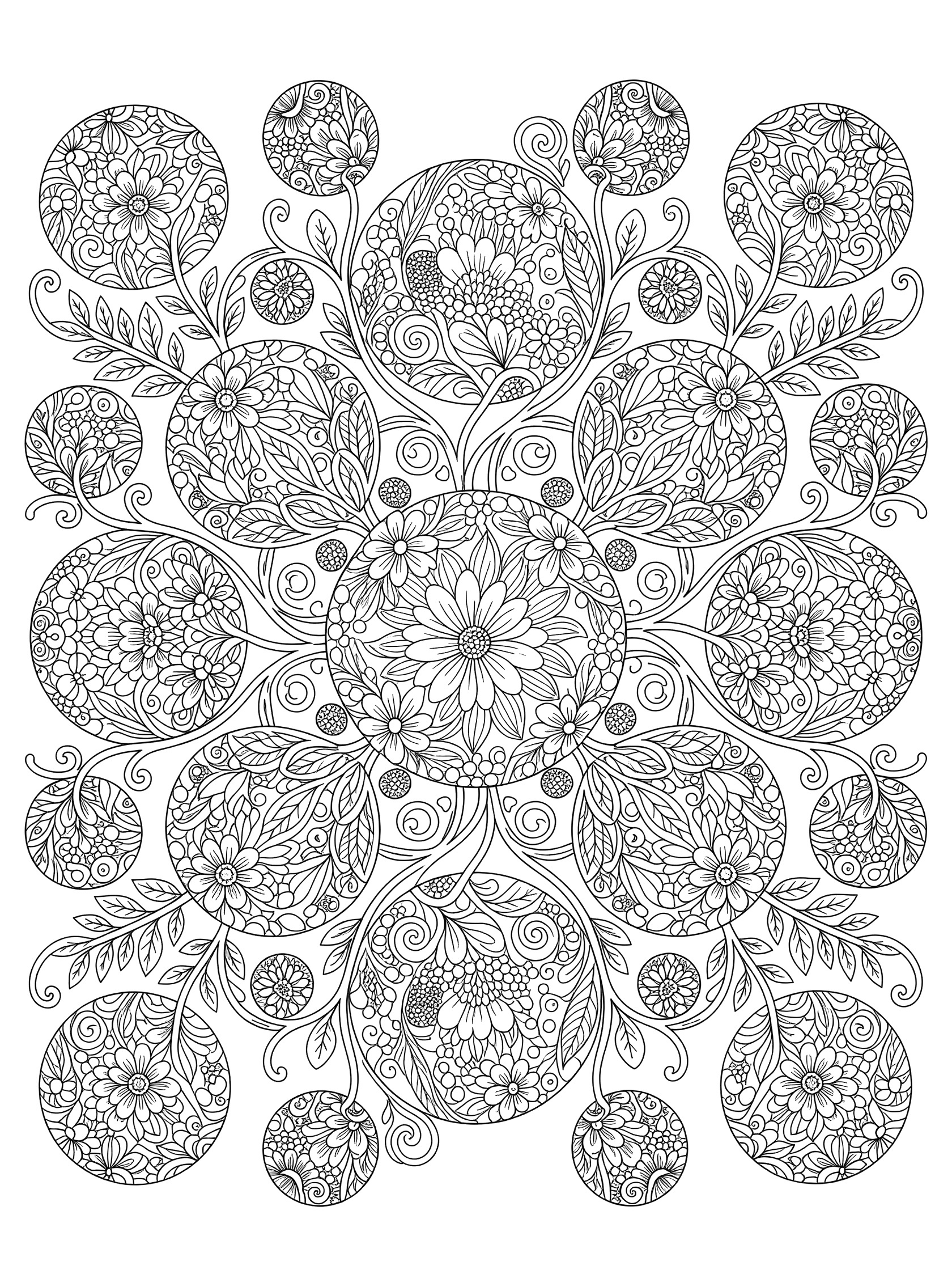 Black and white coloring page showing a cluster of symmetrical interconnected orbs filled with flower and leaf patterns, connected by vine tendrils.