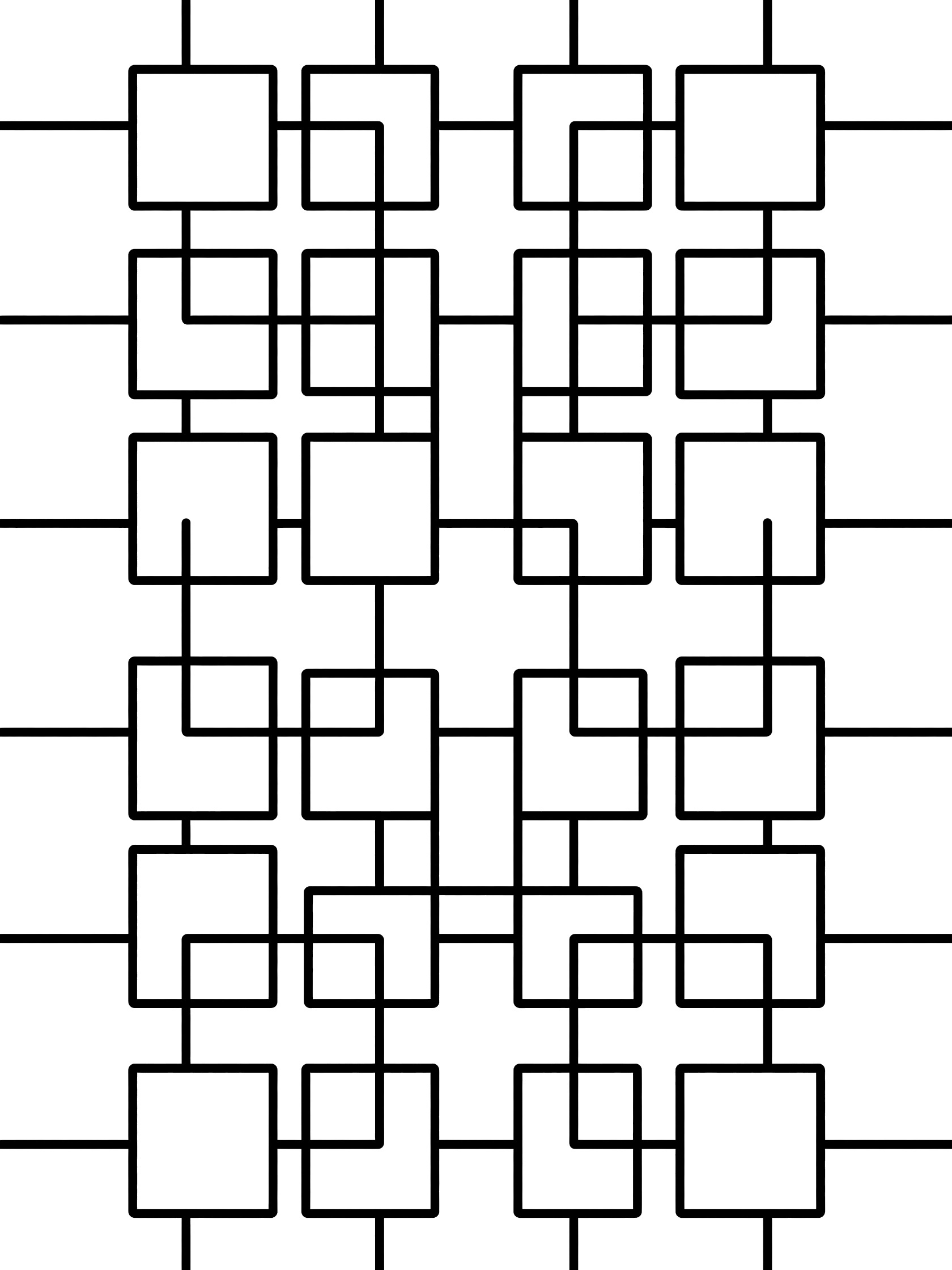 Printable coloring page with interlocked square grids overlapping in a symmetrical design with thick bold lines