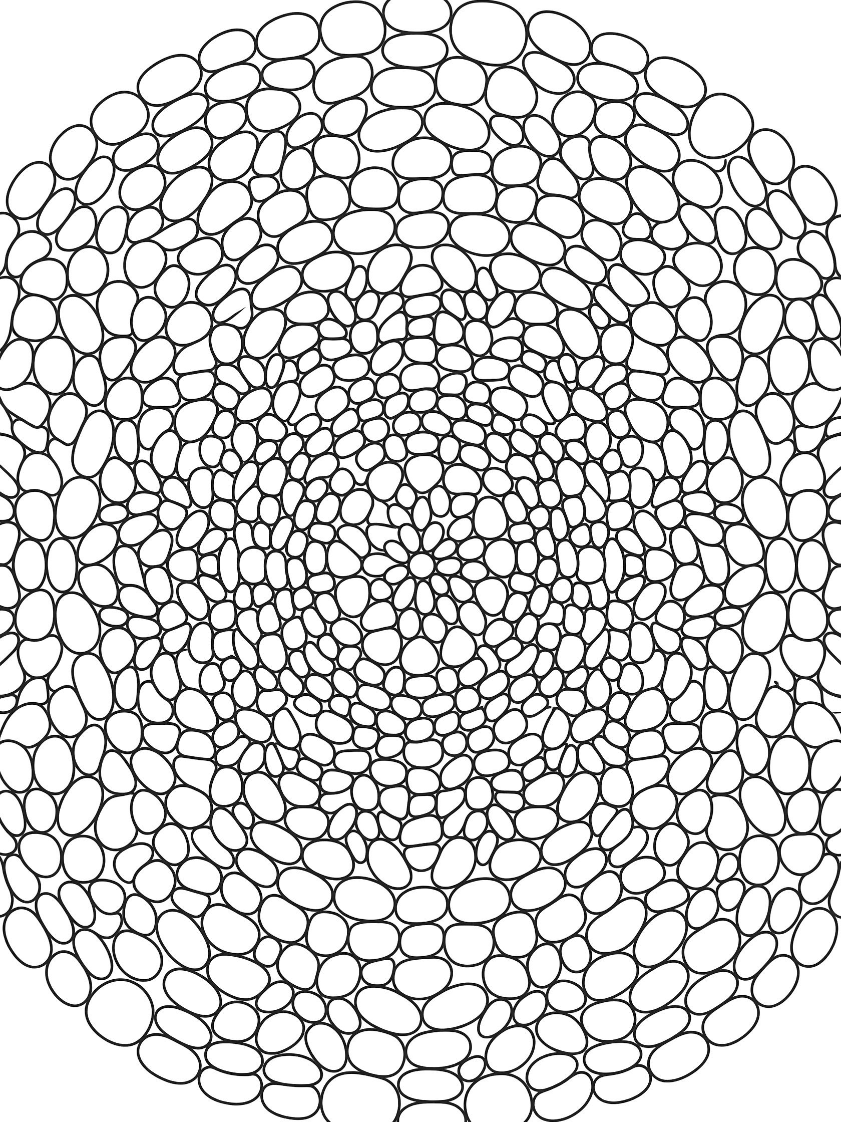 Black and white line art of a symmetrical mandala made from tightly interlocked round pebbles, forming layered rings on a white background.