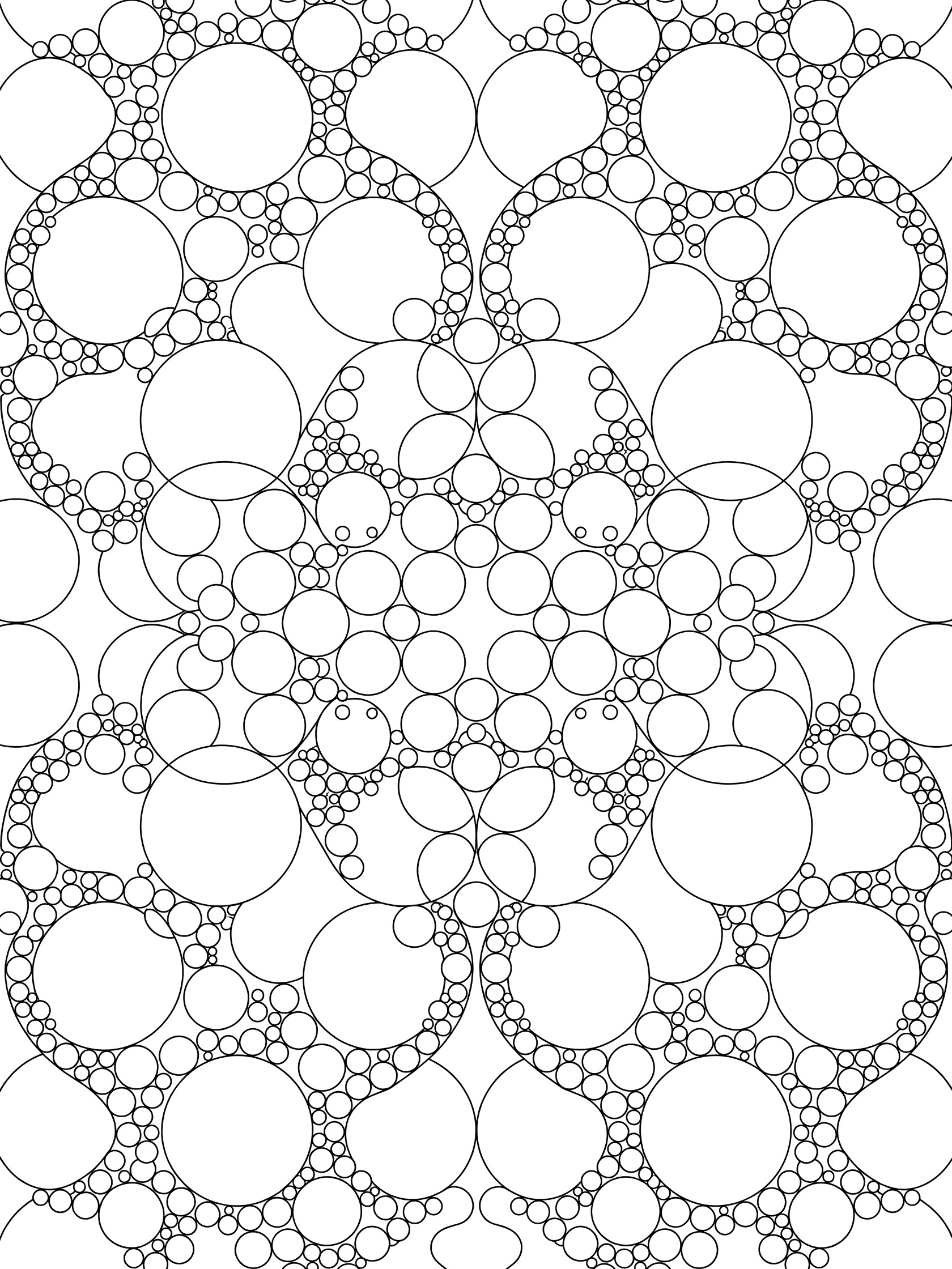 Detailed line art coloring page featuring numerous interlocking circles of different sizes in a symmetric geometric design