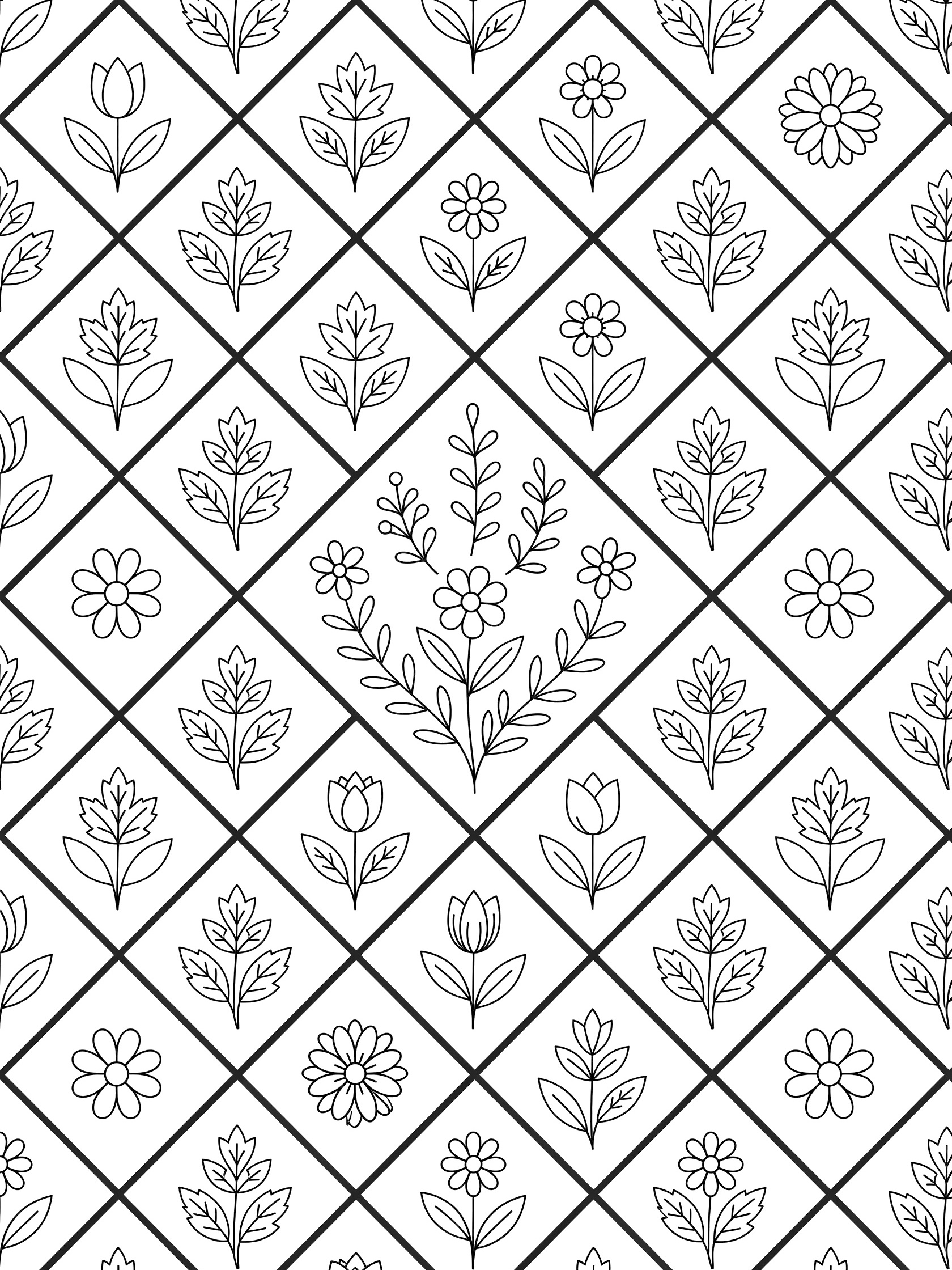 Symmetrical interlocking diamonds coloring page with bold outlines, nature motifs like flowers, leaves, and vines inside each rhombus shape on white background.