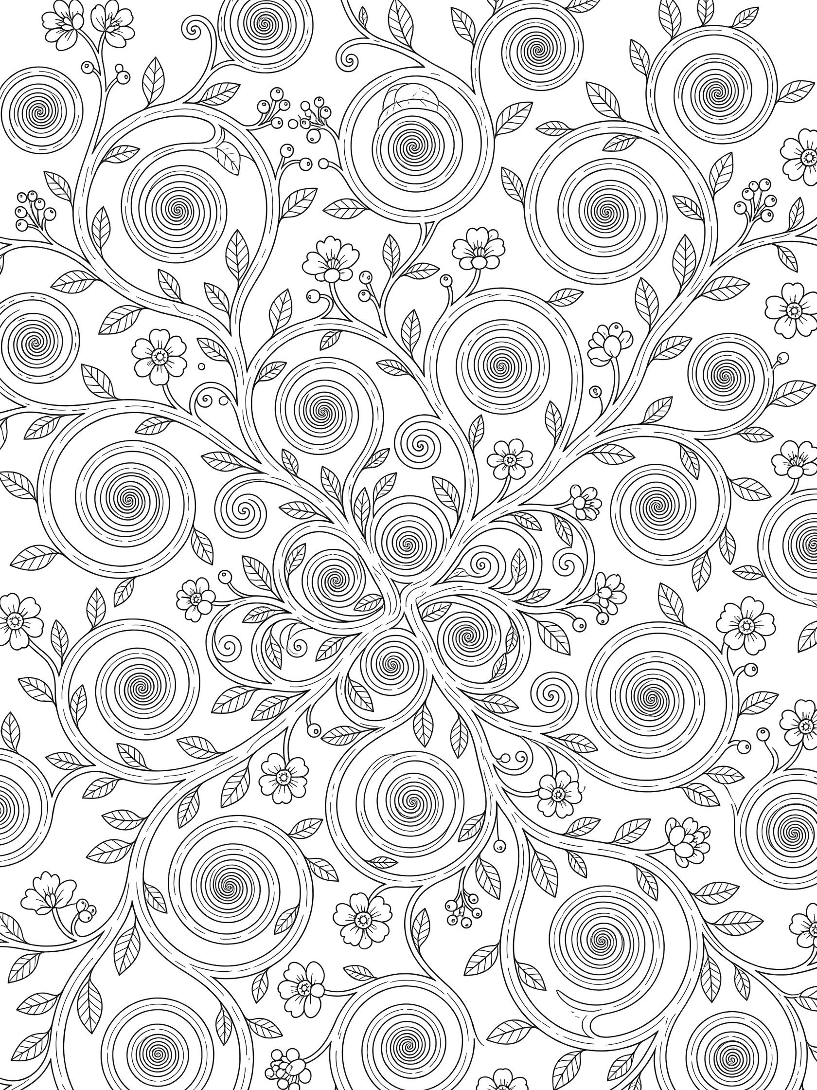 Black and white line art coloring page featuring interlocking spirals formed by twisting vines curly branches delicate leaves blooming flowers and tiny berries on white background