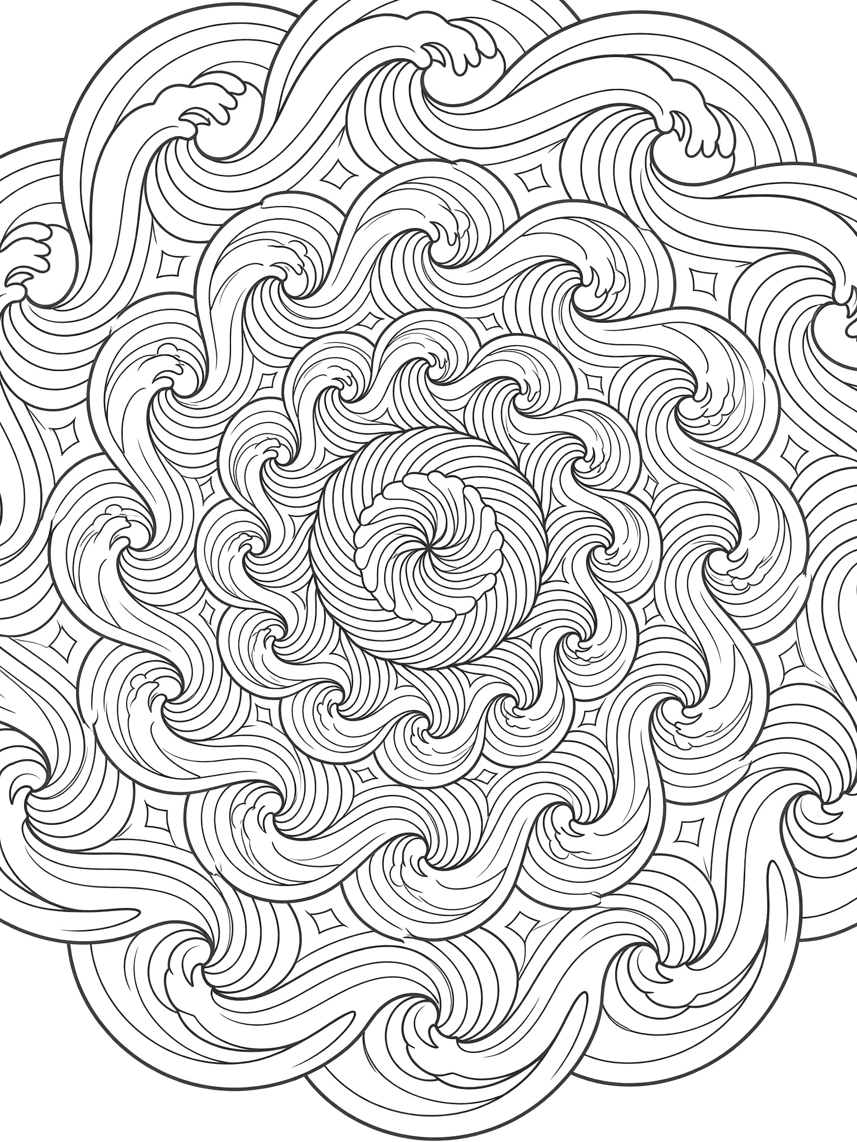 Black and white coloring page of a circular geometric mandala featuring interlocking waves that converge in the center and flow outward.