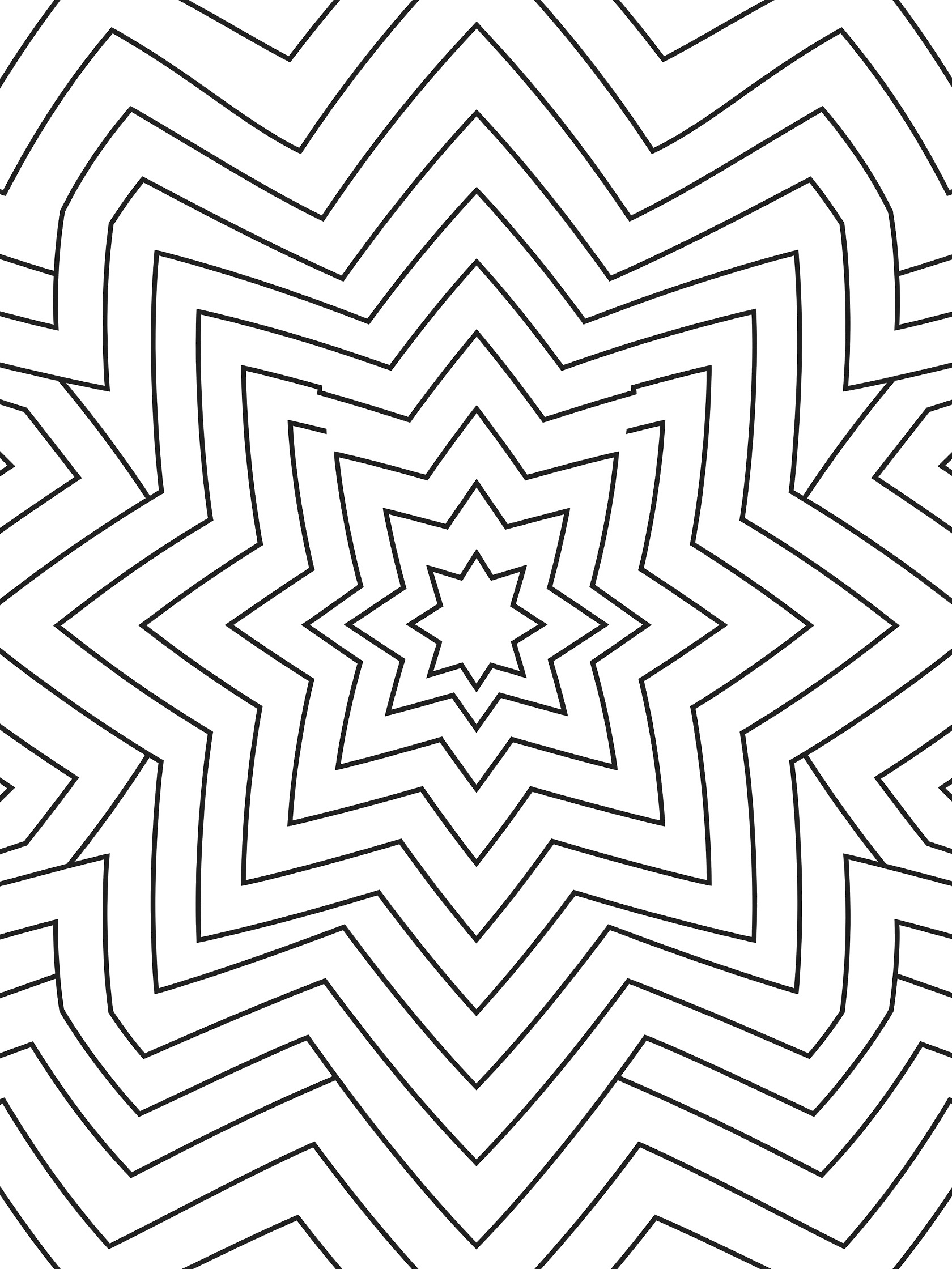 Symmetrical coloring page with bold black zigzags interlocking edge-to-edge, forming enclosed shapes from center outward on white background.