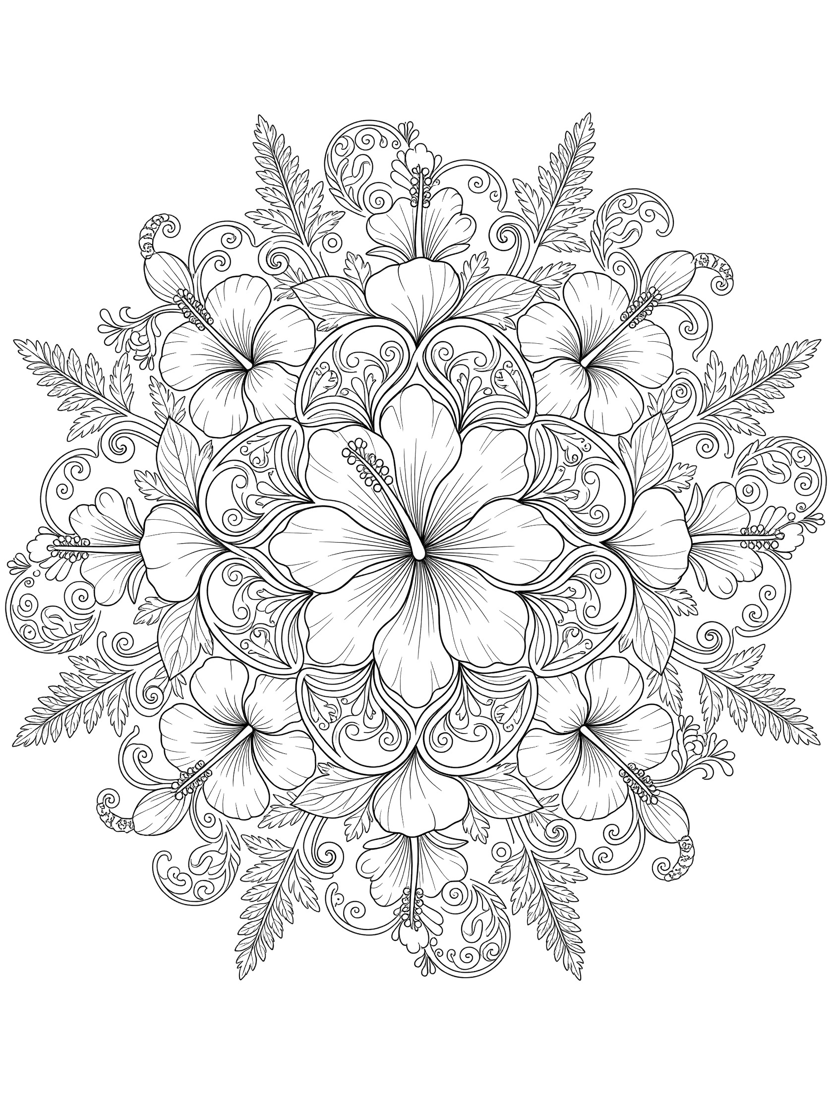 Black and white line art of a hibiscus mandala with large central flower, layered petals, smaller hibiscus blooms, leaves, and swirling patterns in perfect symmetry.