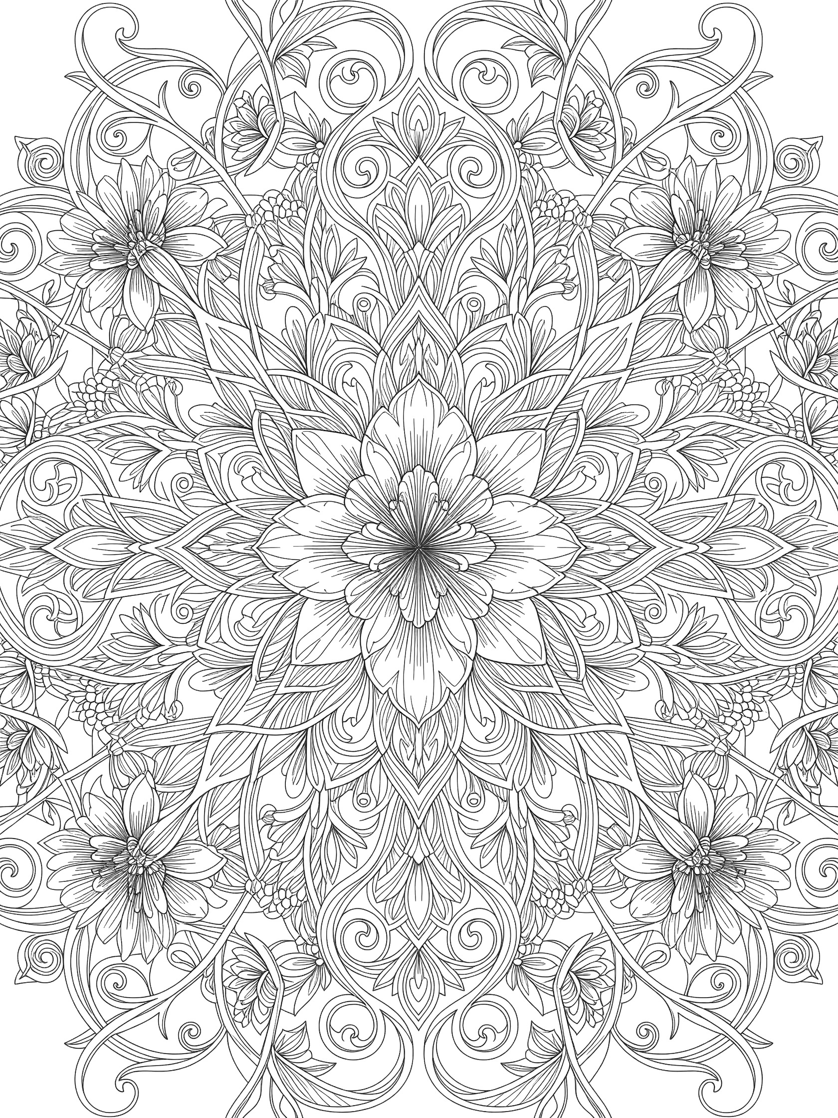 Black and white line art of a Lily Mandala featuring a central lily flower with layered petals, vine tendrils, leaves, and repeating floral motifs in a symmetrical pattern.