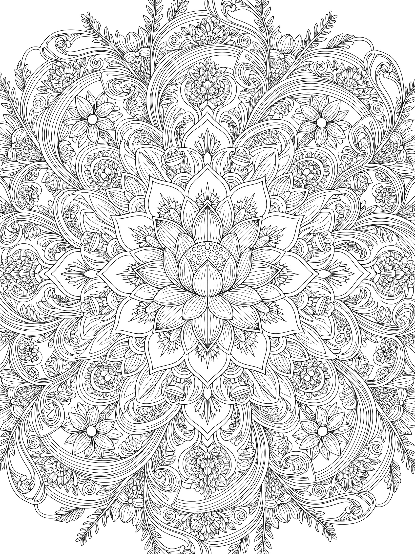 Detailed line art coloring page of a Lotus Mandala featuring a blooming central lotus surrounded by ferns, tendrils, and exotic flowers in symmetric patterns.