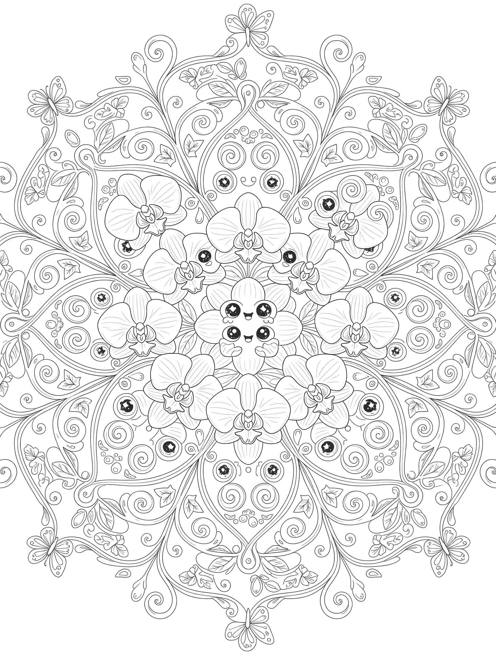 Black and white line art of an intricate Orchid Mandala featuring symmetrical kawaii orchids with eyes, surrounded by curling vines, leaves, dewdrops, and butterflies.