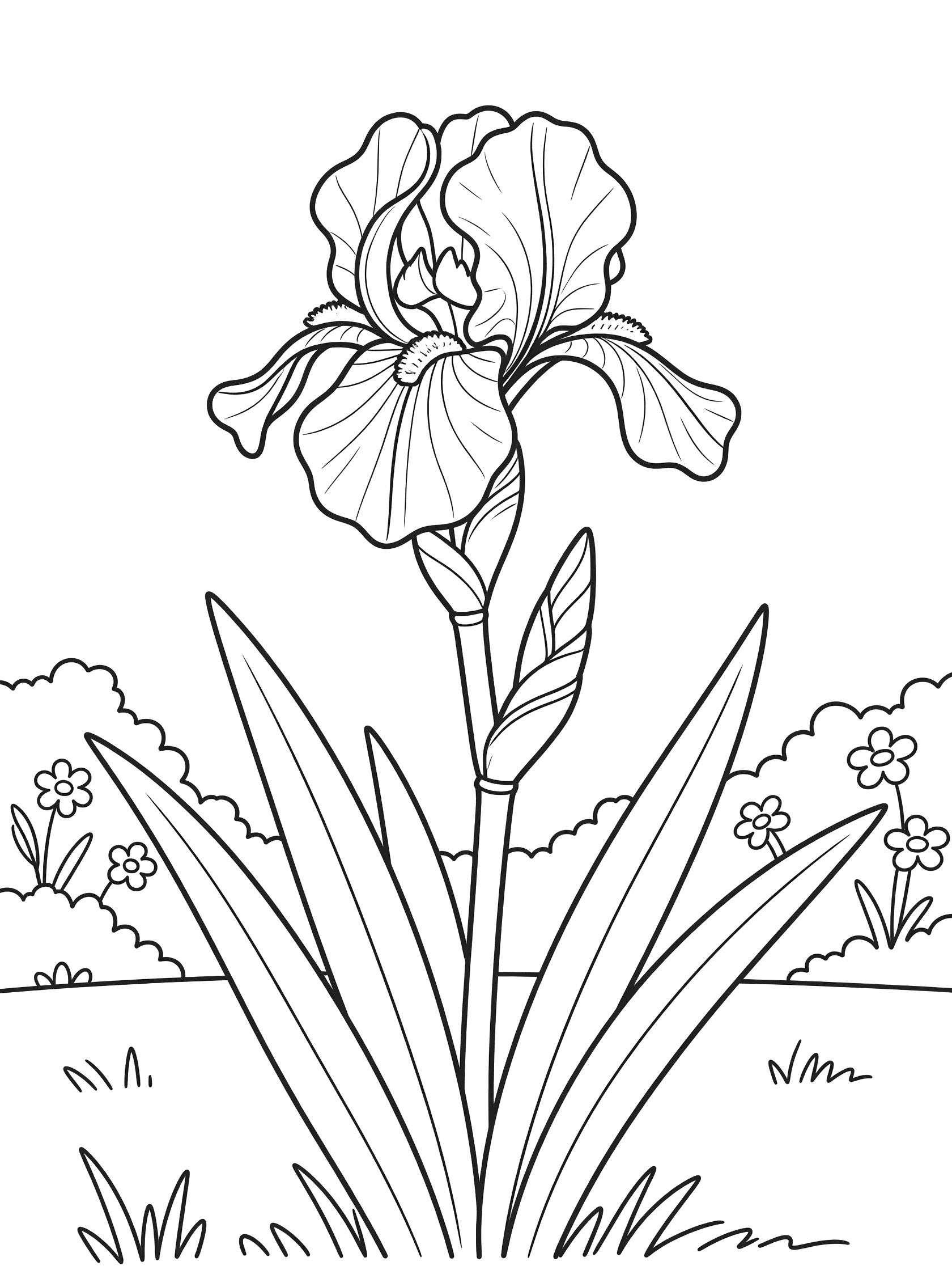 Black and white line art coloring page of a tall iris flower with layered petals on a green stem, surrounded by broad leaves and tiny flowers in a simple garden.