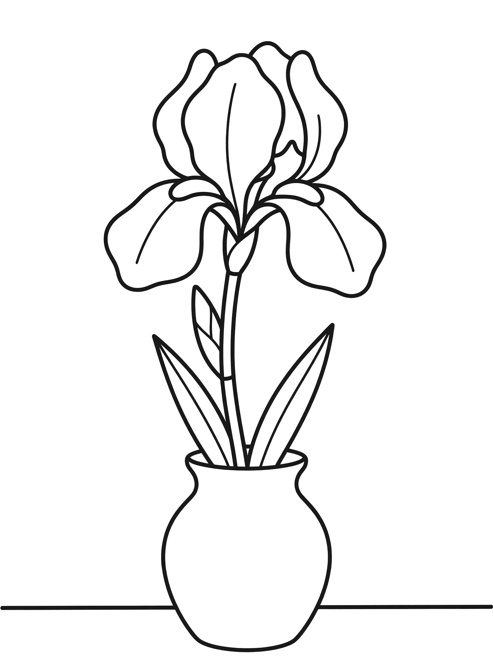 Black and white line art coloring page showing an iris flower with curved petals and leaves in a rounded vase sitting on a flat surface