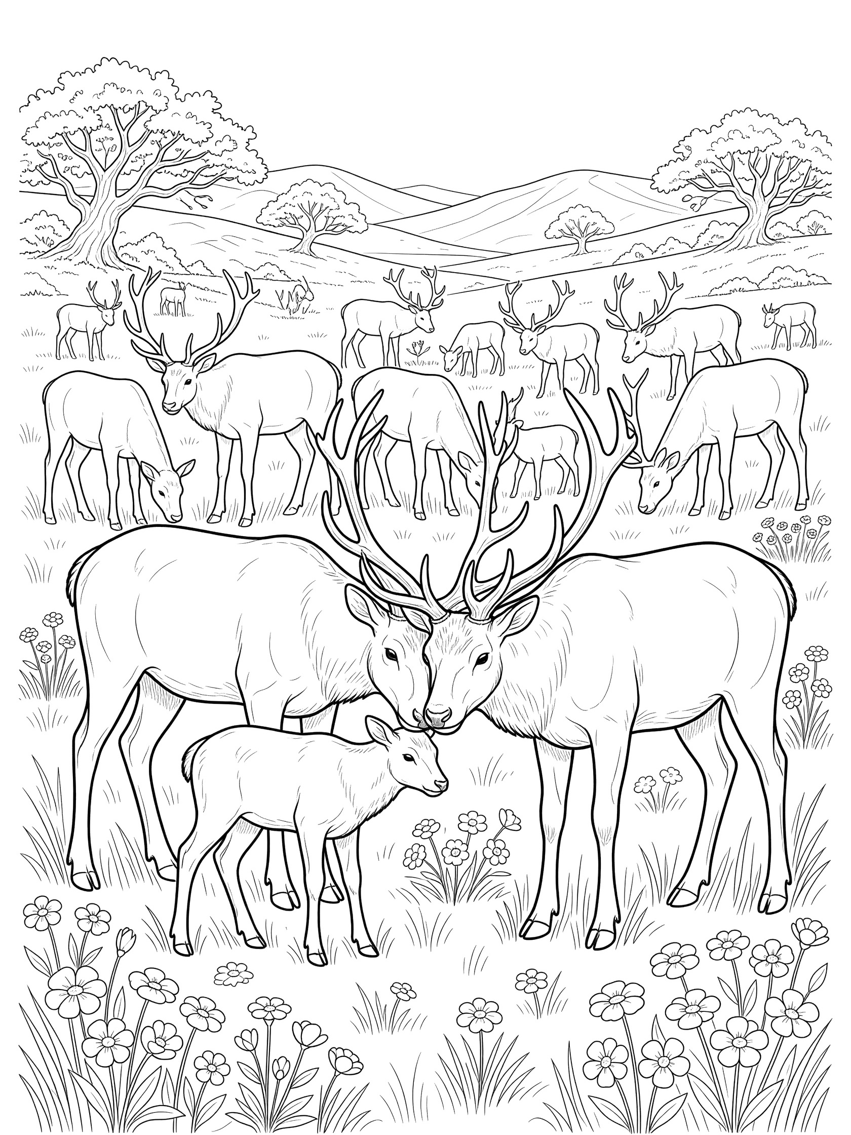 Black and white coloring page of an Irish Elk family herd grazing in a flowery meadow with ancient trees and rolling hills.