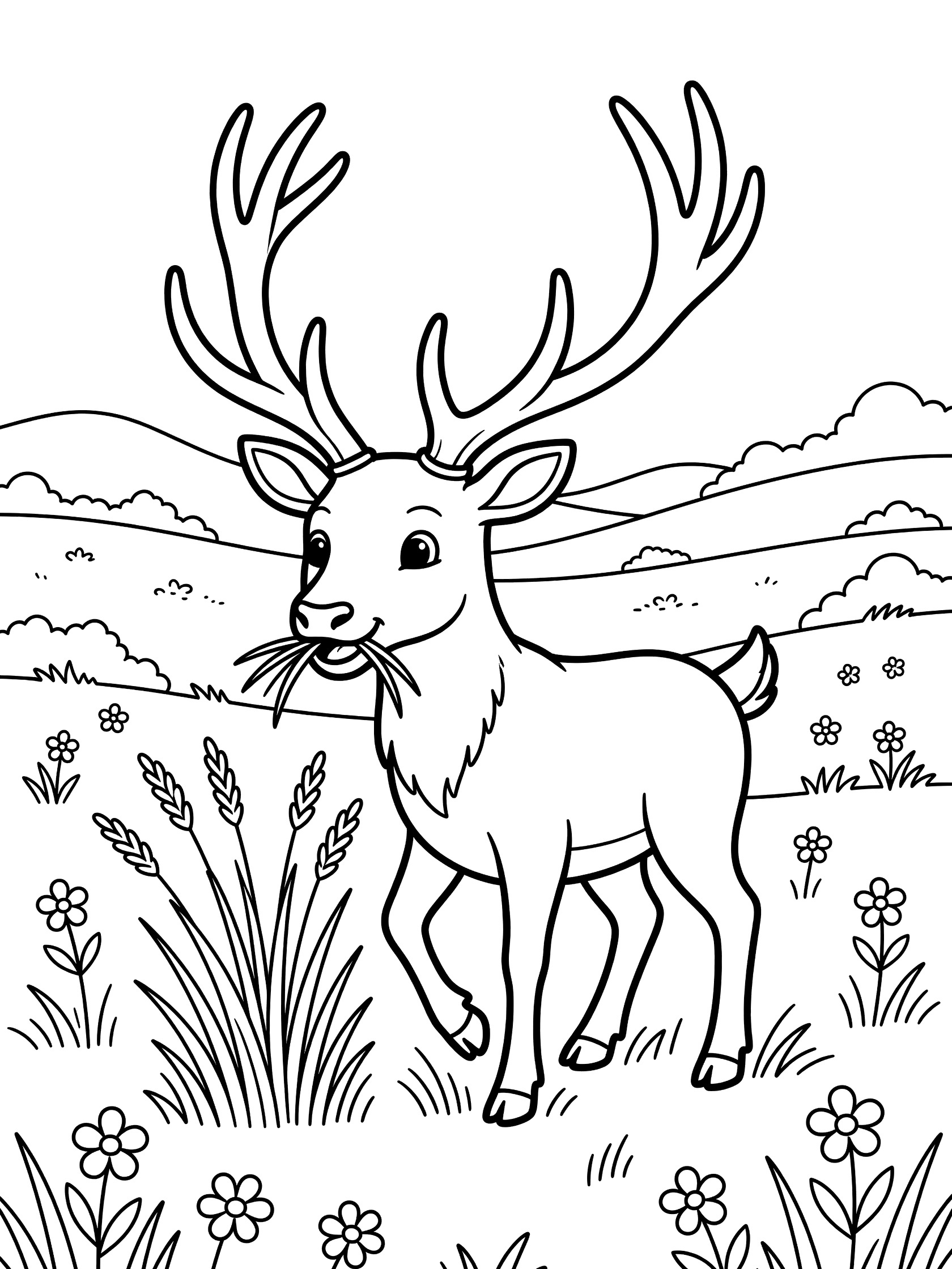 Black and white line art of an Irish elk with huge antlers standing in grassland, munching on grass stems, surrounded by flowers, hills and clouds.